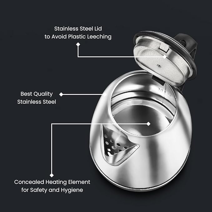 BPL Electric Kettle BEKPS00118 Beverage Maker (1.8 L, Silver, Black) Automatic Cut-off | Stainless Steel | Rotatable Base | Power Indicator | used for boiling Water, making tea and coffee