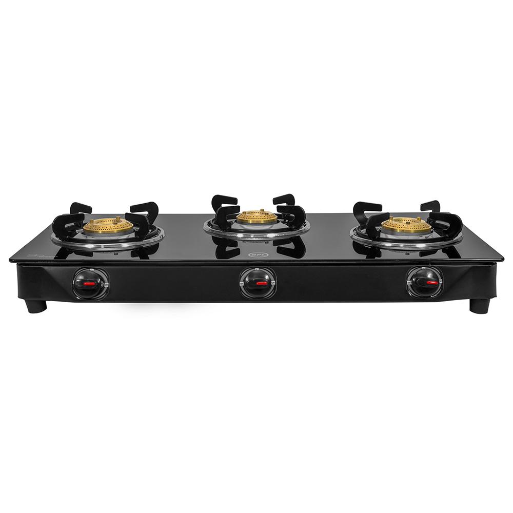 BPL Glass Top 3-Burner Gas Stove with Toughened Glass Top, Brass Burner & Valve, Nylon Base Knobs, 2 Years Warranty