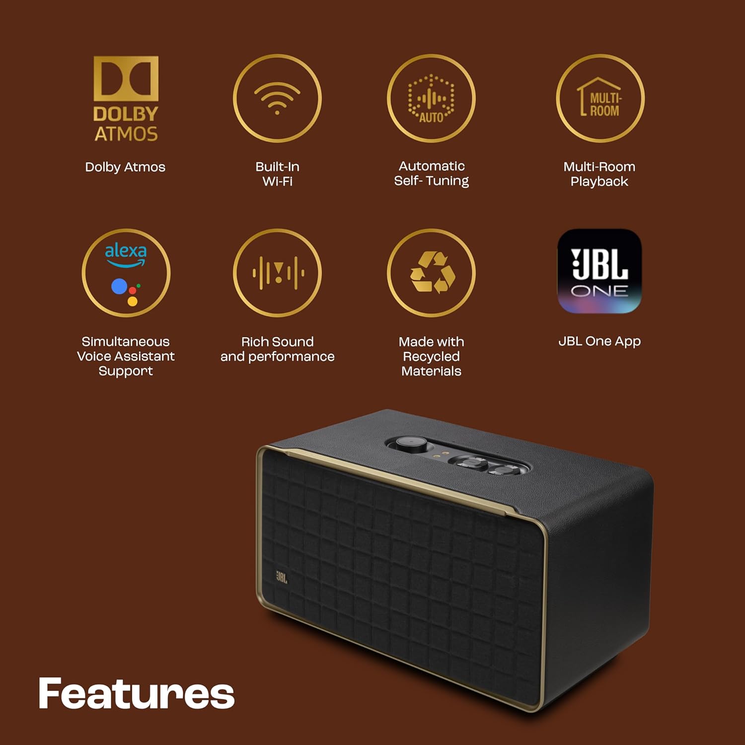 JBL Authentics 500, Dolby Atmos Smart Home Speaker Built-in WiFi and Music Streaming, Voice Assist and Bluetooth Connectivity, Automatic Calibration, Compatible with Google Home & Alexa, Retro Design