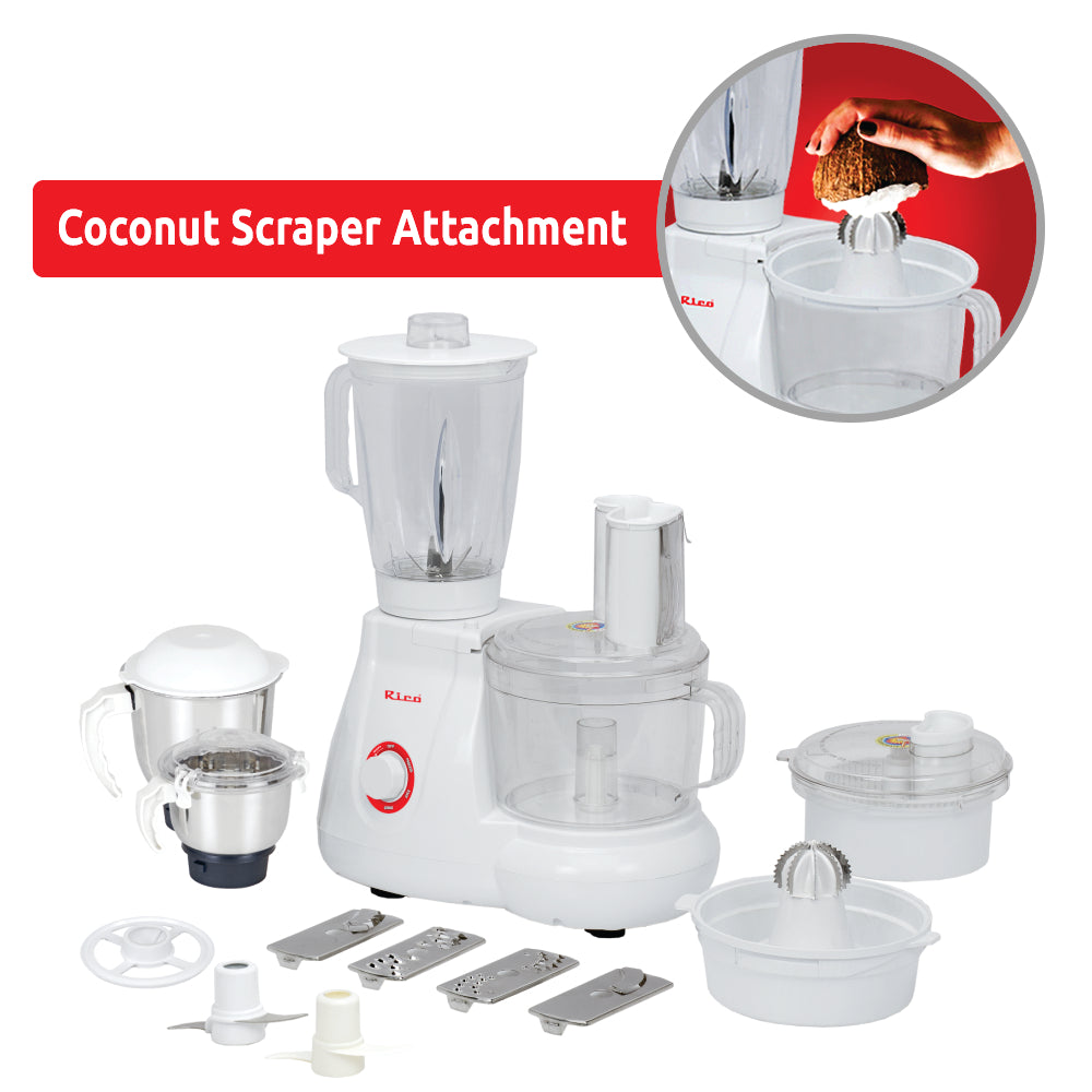 Rico Food Processor with Coconut Scraper, Juicer Jar, Unbreakable Bowl, 3 Flow Breaker Jars (White, 700 Watt)