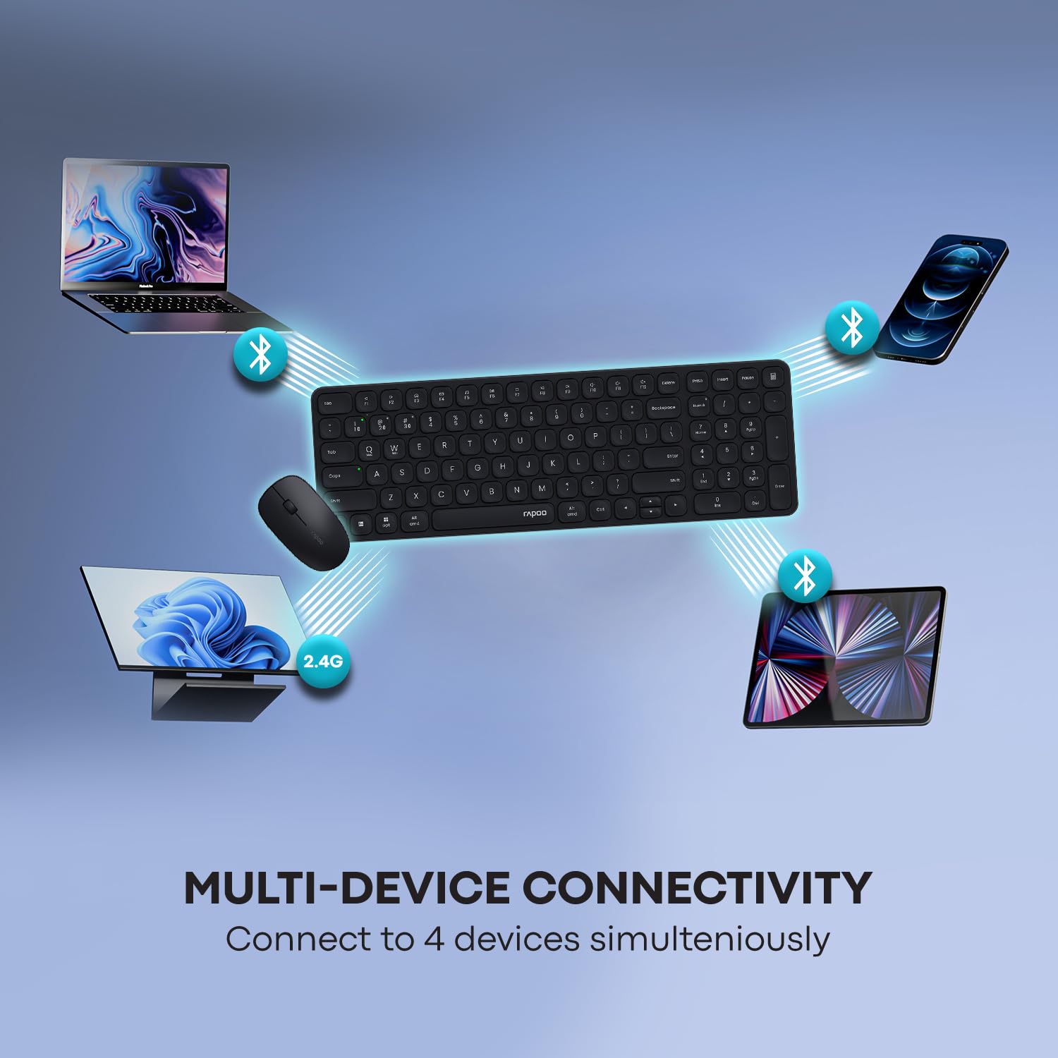 Rapoo 9320M Bluetooth 4.0, 5.0 + 2.4G Wireless Multi-Mode Keyboard Mouse Combo, Aluminum Base, 2400 DPI, 10M Range, Compact