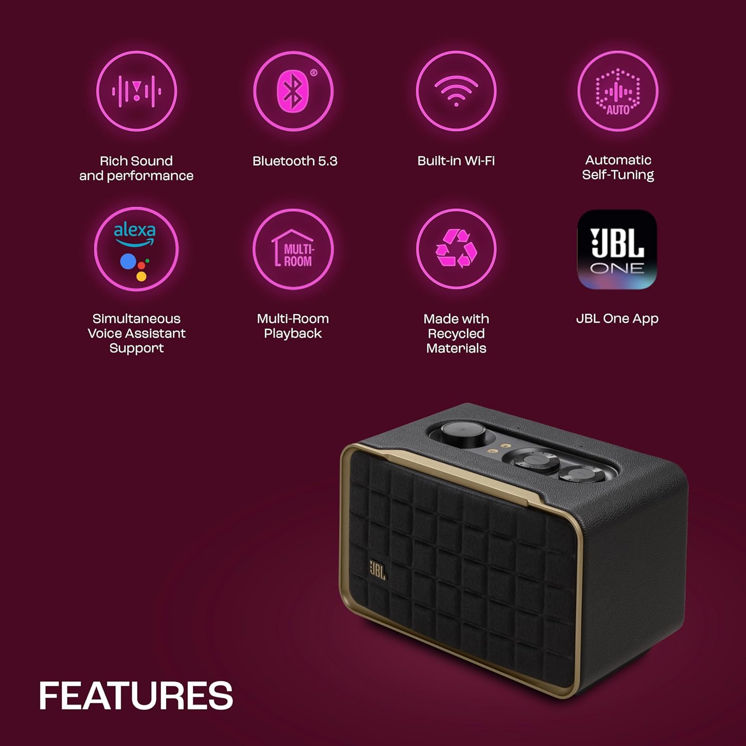 JBL Authentics 200, Smart Home WiFi Speaker and Music Streaming, Voice Assist and Bluetooth Connectivity, Automatic Calibration, Compatible with Google Home & Amazon Alexa, Retro Design in Black