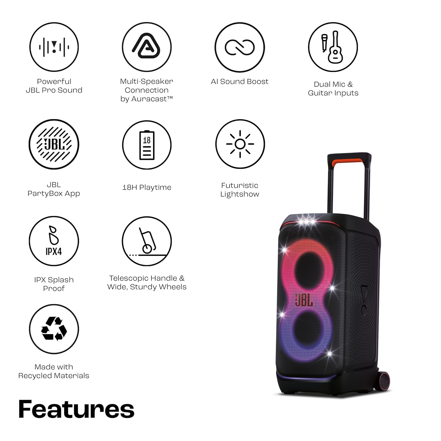 JBL Partybox 320, Portable Bluetooth 240W Party Speaker, AI Sound Boost, Futuristic Light Show, Multispeaker Connection by Auracast, Telescopic Handle & Wheels, Dual Guitar & Mic Inputs