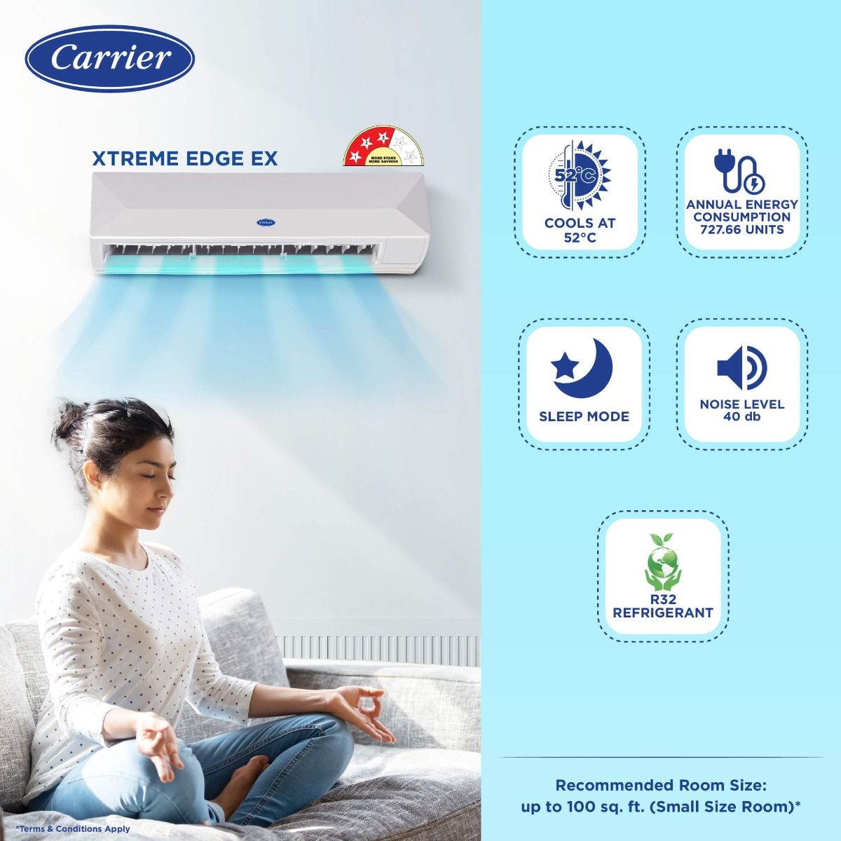 Carrier 1 Ton 3 Star Fixed Speed Split AC (Copper- HD Filter & Auto Cleanser- 2024 Model- Xtreme EDGE+ Ex- CAS12XE3R33F0- White)