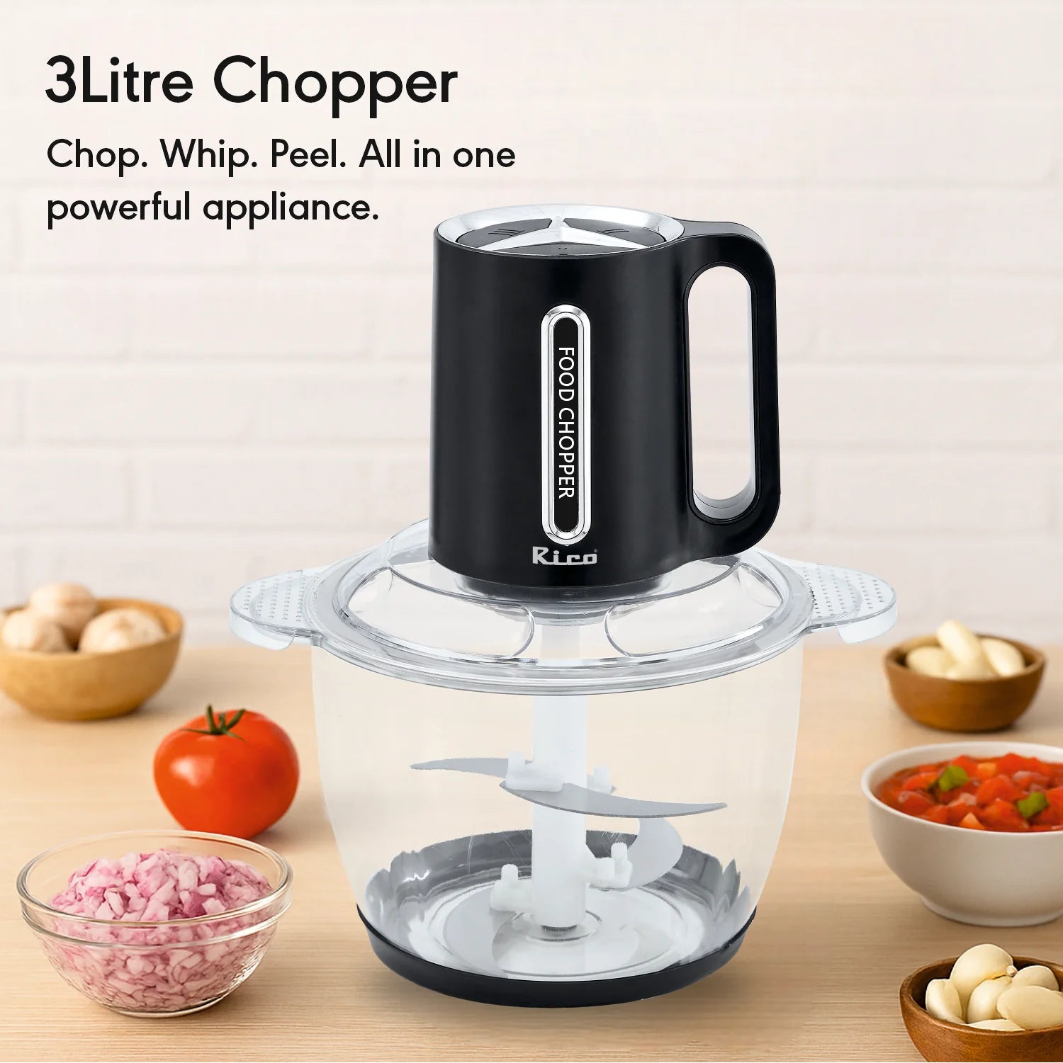 Rico 3 Litre Transparent Bowl Chopper with Garlic Peeler & Whipper – 3 Speed with 300W Copper Motor CH2510