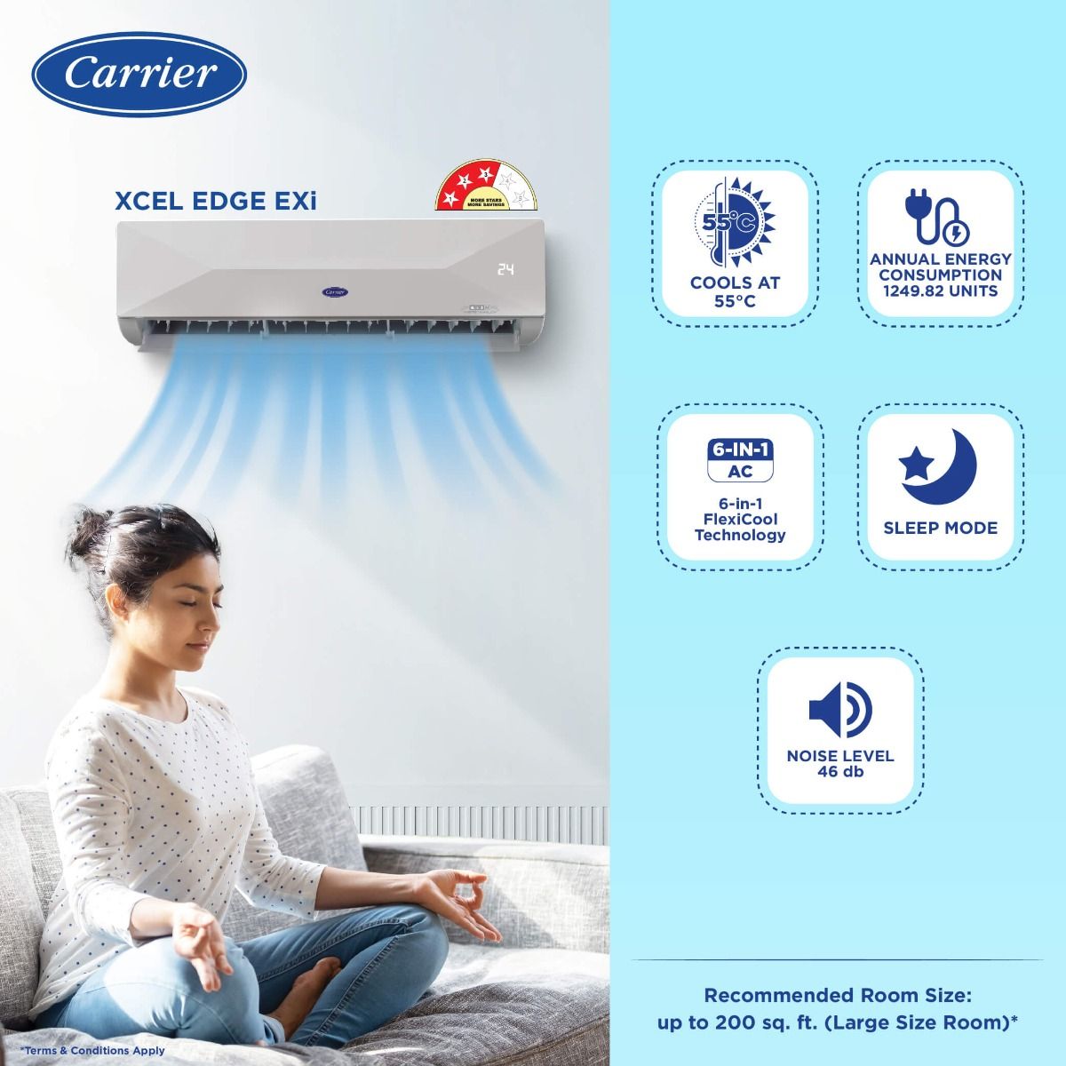 Carrier 2 Ton 3 Star Flexicool Inverter Split AC (Copper- Convertible 6-in-1 Cooling-Insta Cool & Smart Energy Display- 2024 Model-Xcel Edge Exi-CAI24CE3R34F1-White)
