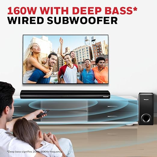 Honeywell Trueno U3000 Soundbar 200w, 2.1Ch Surround Sound Home Theatre, Deep Bass Down Firing Subwoofer, 3 EQ Modes, BT v5.3, AUX, USB, Optical Input, HDMI/ARC, Sleek Remote (Black)