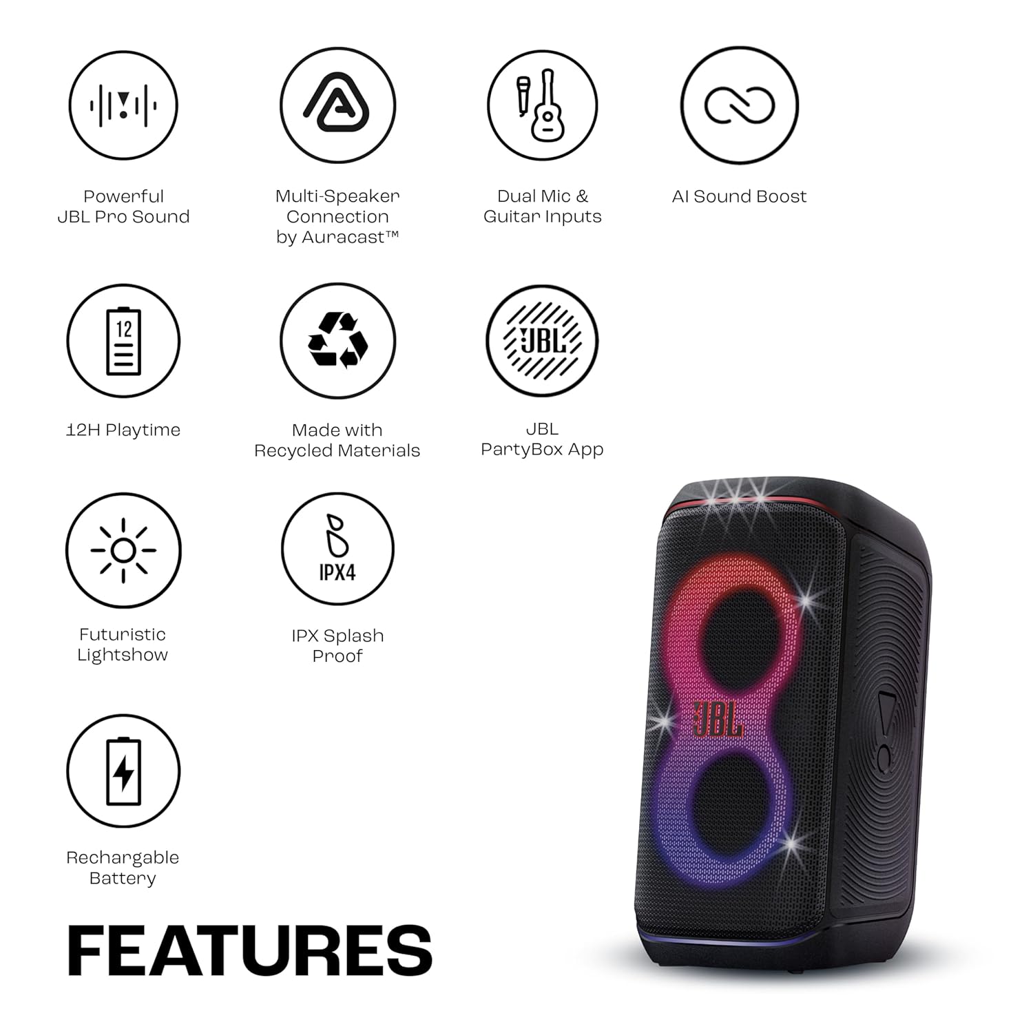 JBL Partybox 120 Wireless Bluetooth 160W Party Speaker, AI Sound Boost, Futuristic Light Show, Upto 12Hrs Playtime,Multispeaker Connection by Auracast, Guitar & Mic Input, Splashproof