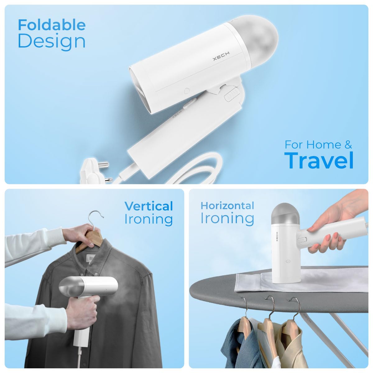 XECH Garment Steamer for Clothes, Foldable Handheld Fabric Steamer, Vertical and Horizontal, Powerful 1200 Watt Fast Heat up, Kills 99.9%* Bacteria, (Jetsteam) (White)