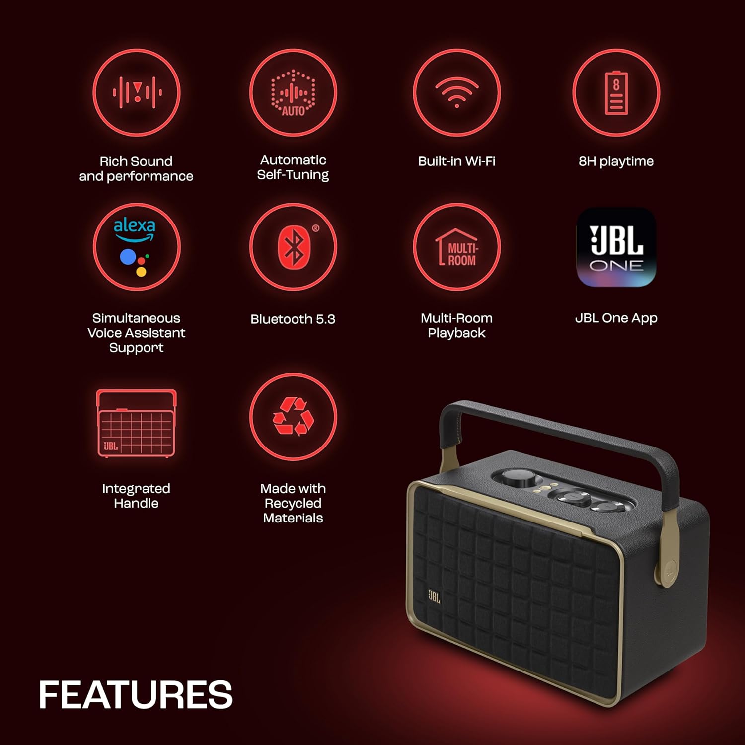 JBL Authentics 300, Portable Smart Home Wifi Speaker & Music Streaming,Upto 8Hrs Playtime, Voice Assist & Bluetooth Connectivity,Automatic Calibration,Compatible with Google Home & Alexa, Retro Design