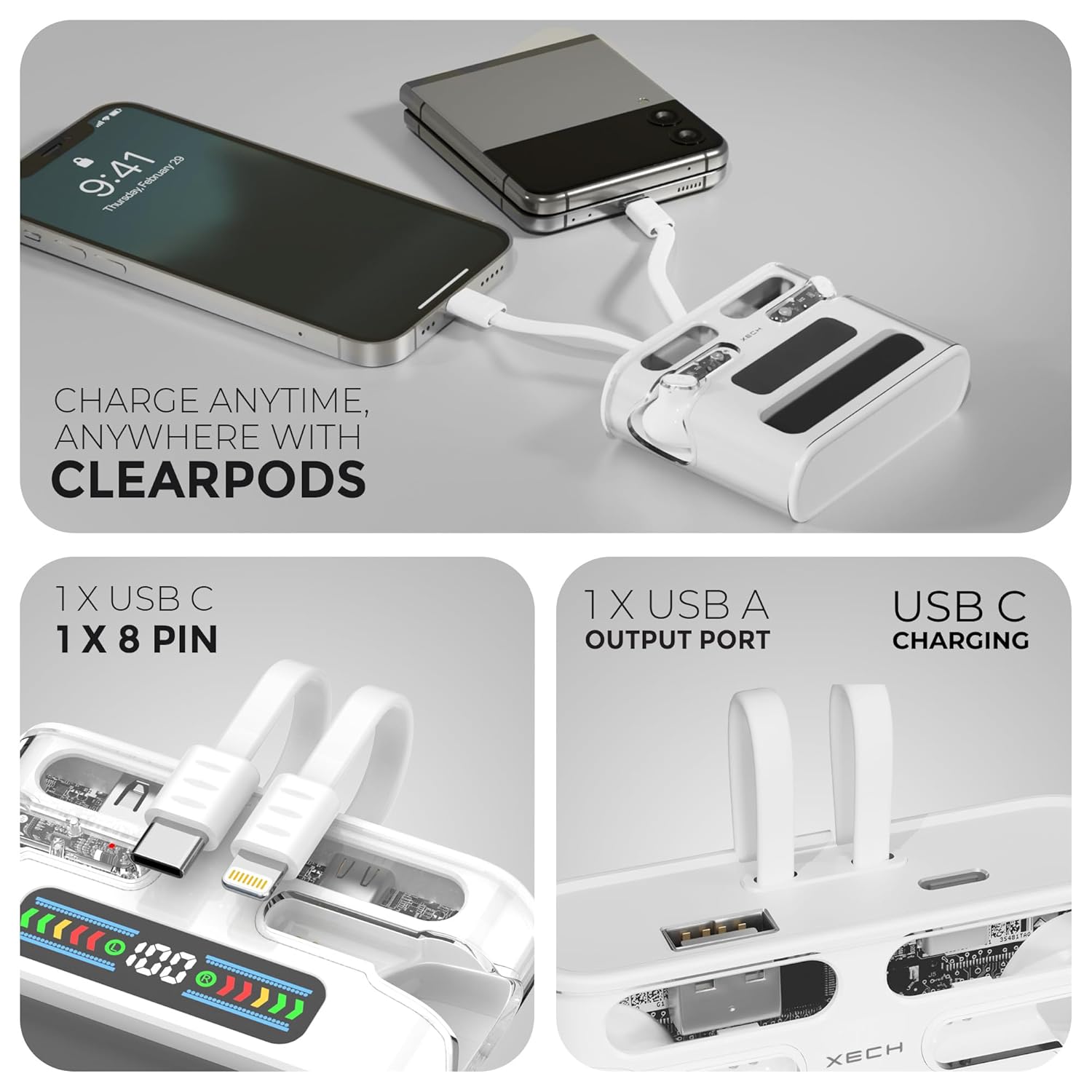 XECH Wireless Earbuds with Powerbank Upto 120H Playtime* 2 in-Built USB Cables Transparent TWS in-Ear 2000mah Battery and Charging Port BT 5.3 See-Through Earpods (Clearpods) (White)