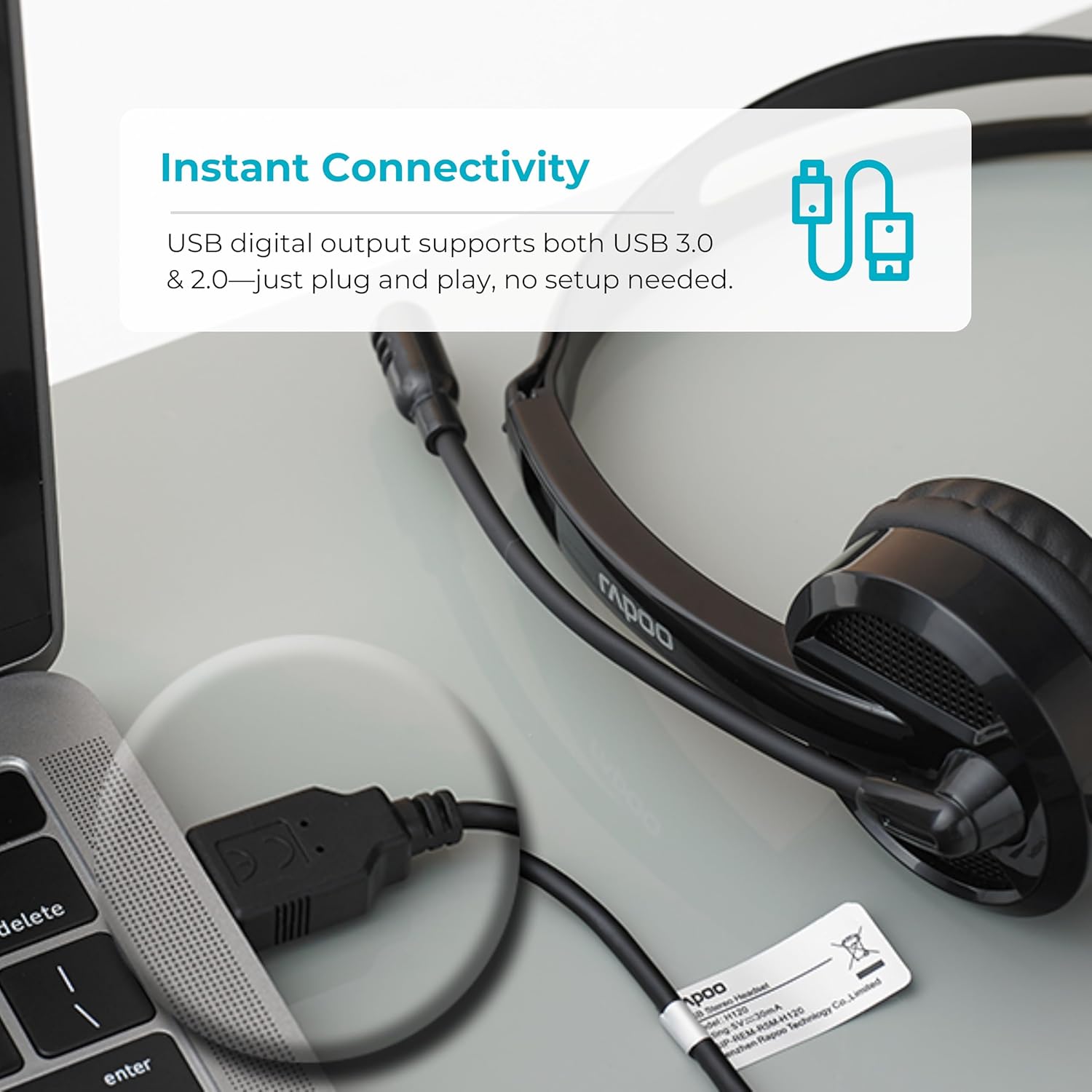 Rapoo H120 USB Wired Stereo Headset with Noise-Reduction Microphone, On-Ear Design, Inline Controls