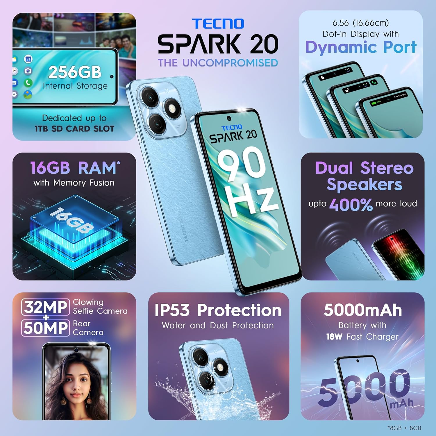 Tecno Spark 20 – Magic Skin Blue | 8GB+256GB | 50MP Rear | 32MP Selfie | 90Hz Display | Dual DTS Speakers | 5000mAh
