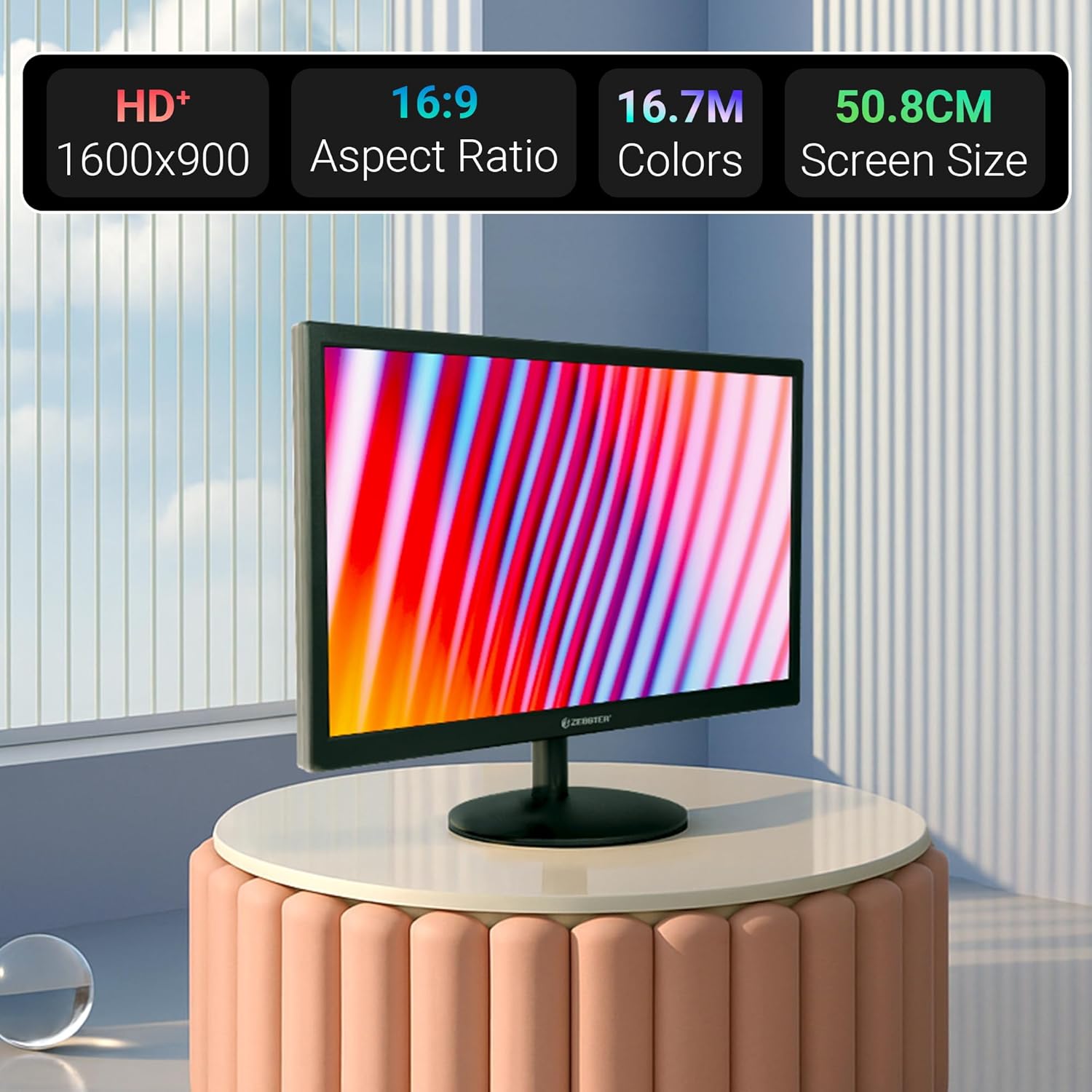 Zebronics Zebster A20HD 20 inch LED Monitor showcasing HD+ resolution and vibrant colors on a stylish table setup.
