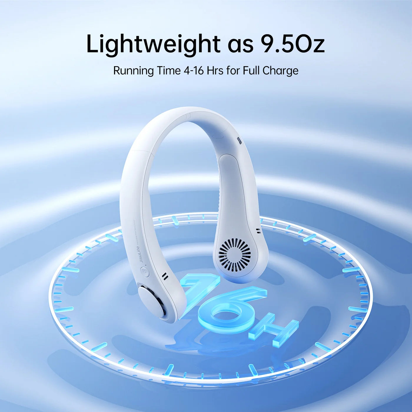 Alt Tag: Jisulife Neck Fan Life 3 lightweight 9.5oz wearable bladeless neck fan with 4-16 hour runtime and 4000mAh battery