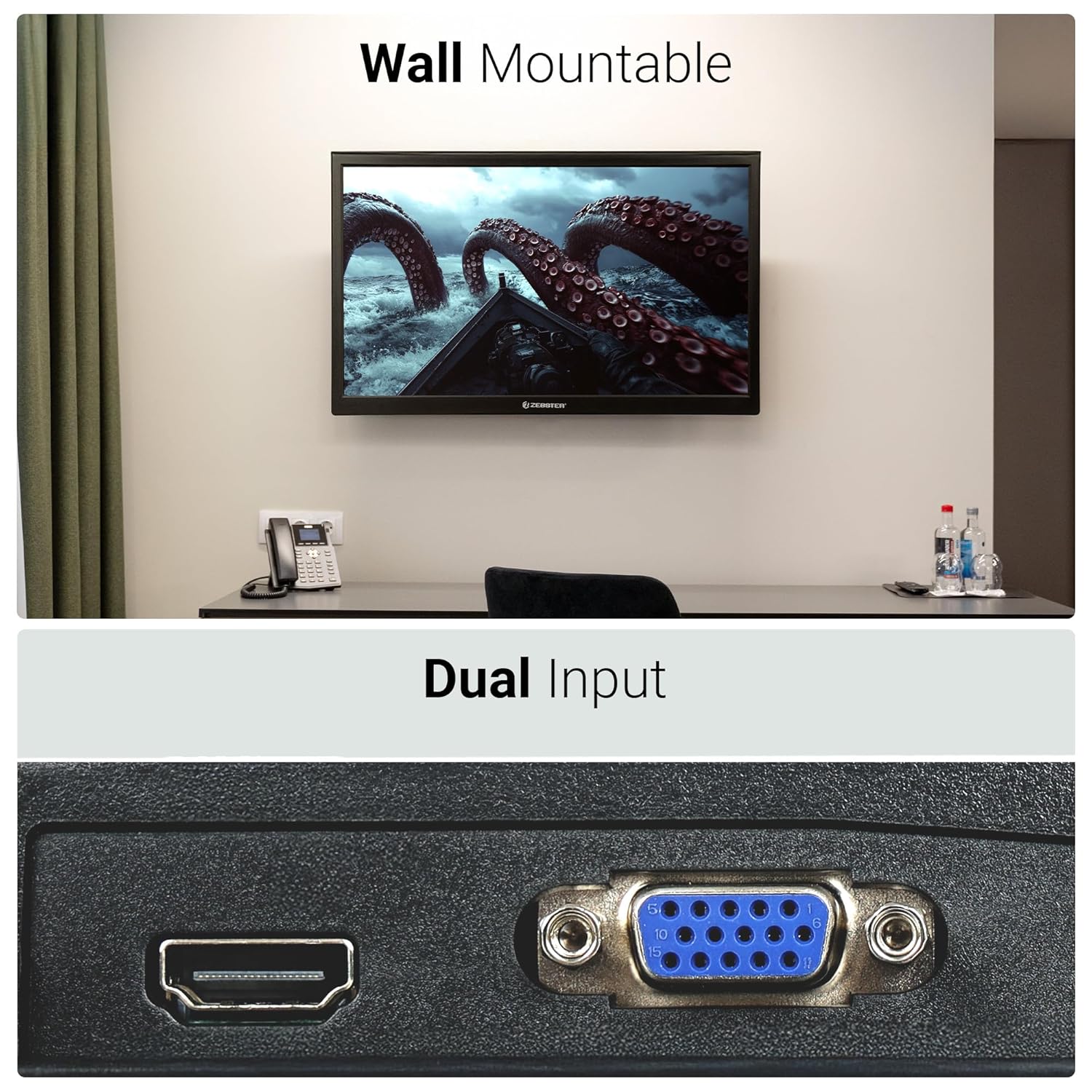 Zebronics Zebster A20HD 20 inch LED Monitor Image showing wall mountable design and dual input ports of a monitor.