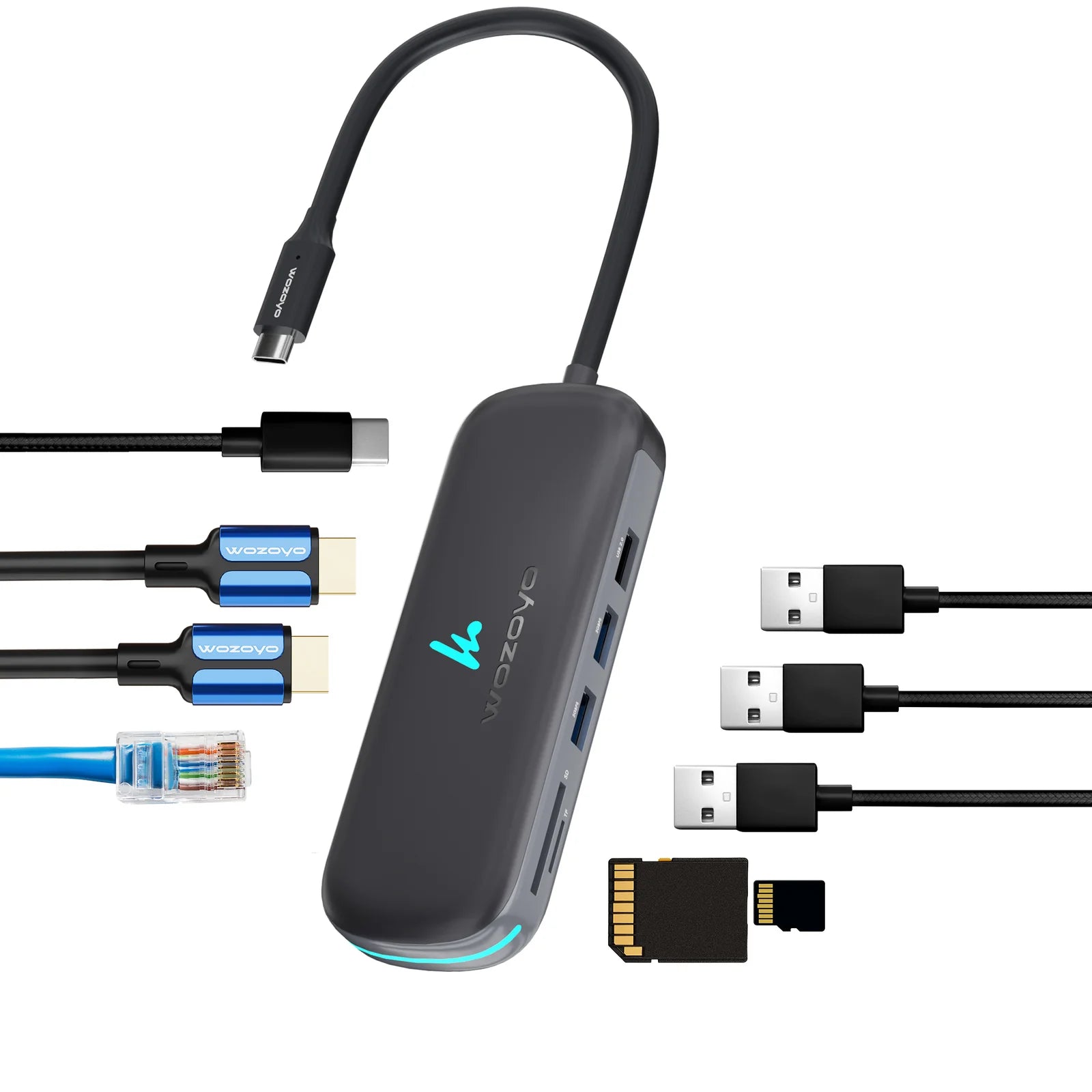 WOZOYO 9-in-1 USB Type-C Docking Station with HDMI, USB 3.0, Ethernet ports and connected cables