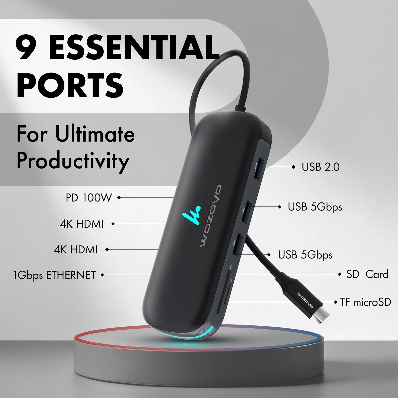 WOZOYO 9-in-1 USB Type-C Docking Station showcasing 9 essential ports for ultimate productivity