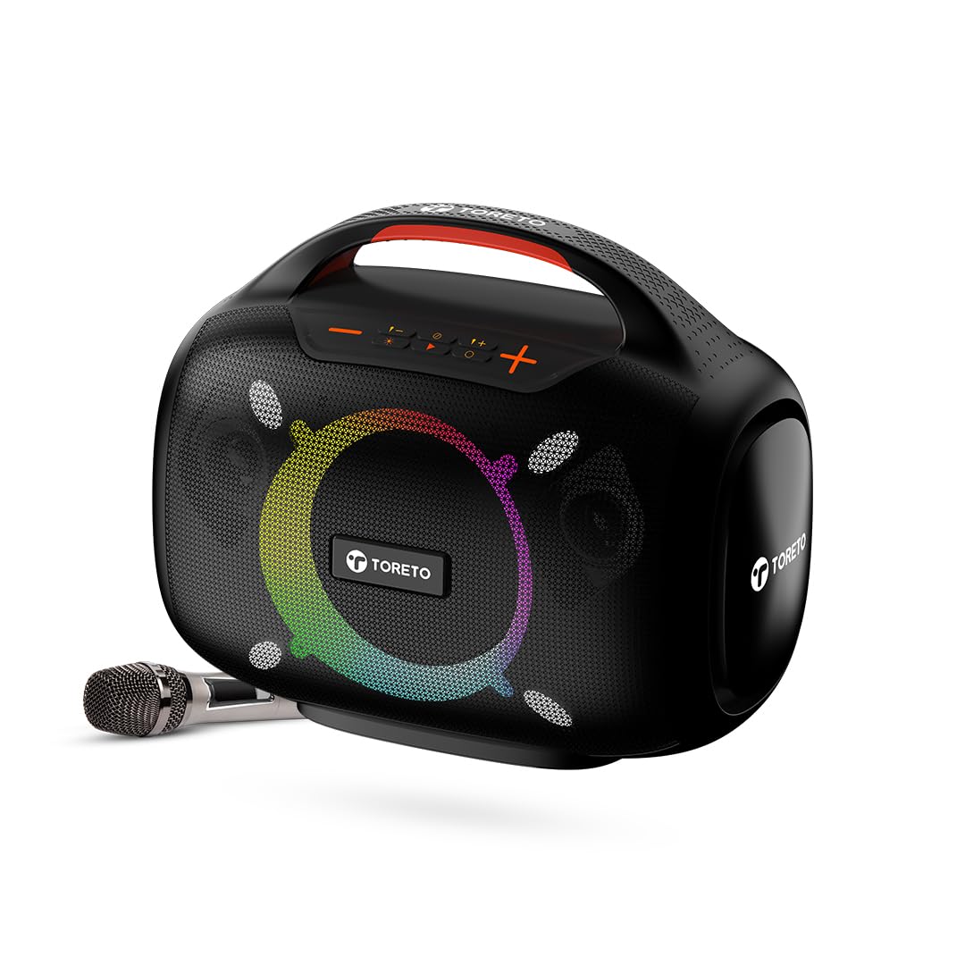 Toreto Smash -2 Boombox 80W Wireless Portable Party Speaker with Bluetooth 5.3 | Dazzling RGB Light- Support TWS/USB/TF Card/AUX Input/Rechargable Wireless Mic (Black)