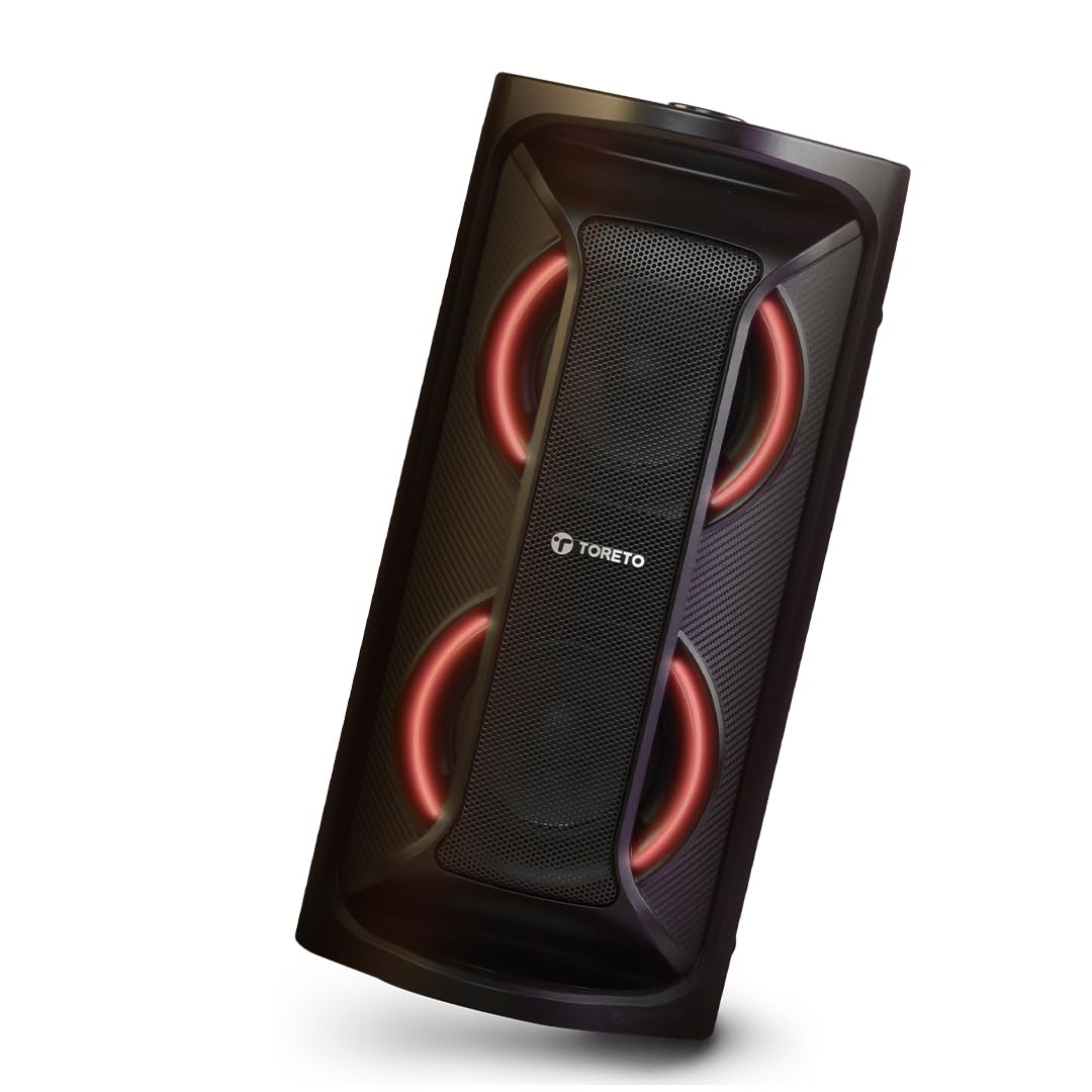 Toreto Party Vibe Wireless Portable Bluetooth Party Speaker| 40Watt Signature Deep Bass|Dynamic Running RGB Light| Wired Mic|AUX- TF- TWS- USB Support| Multiple Control| Remote Black