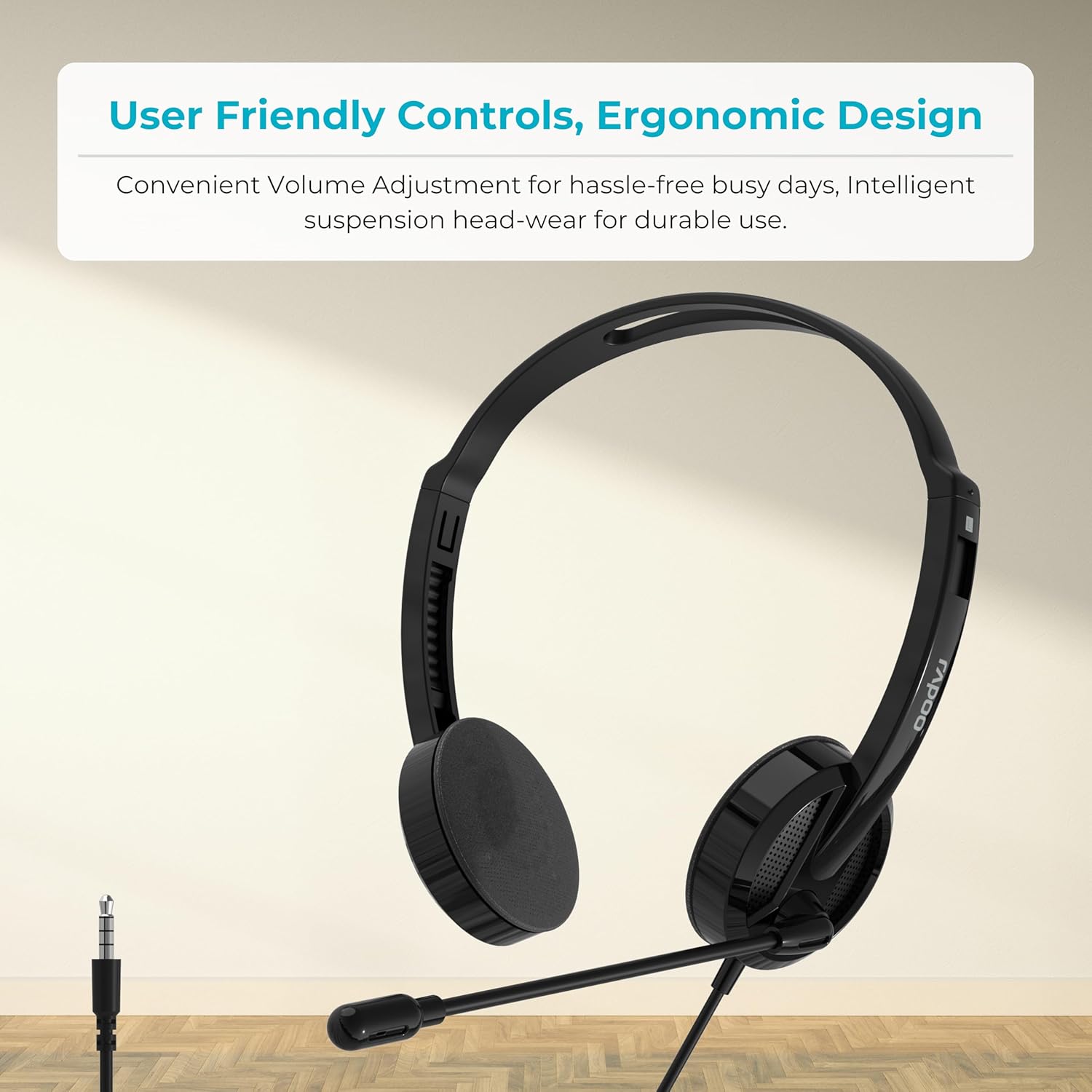 Rapoo H101 Wired Stereo Headphones with Rotating Microphone, 3.5mm Audio Jack, Adjustable Headband & Soft Cushions – For Music, Movies, Gaming & Calls