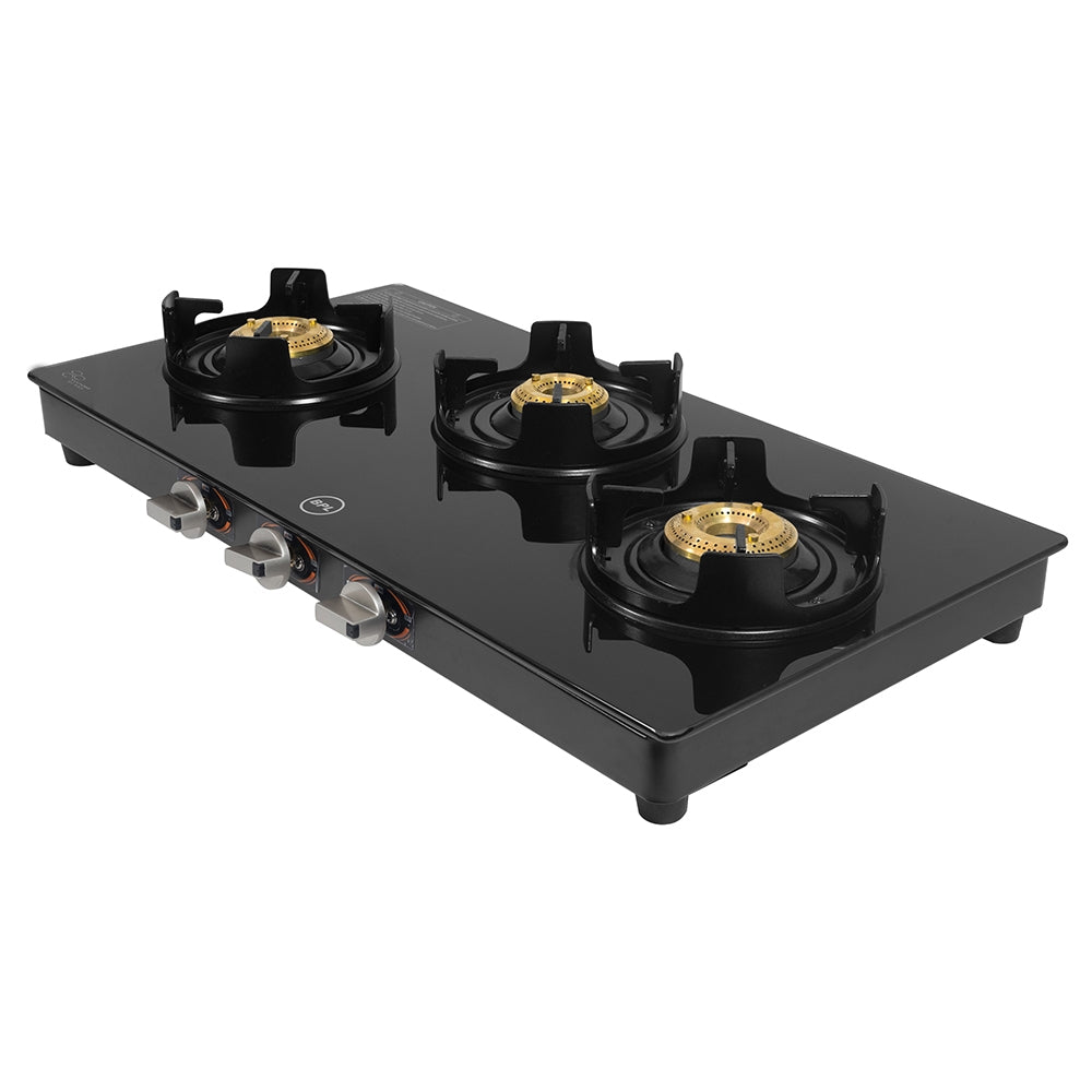 BPL BGSGTS0053B Slim Glass Top 3-Burner Gas Stove, Metal Knobs