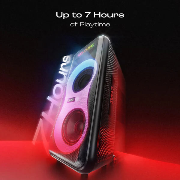 boAt New Launch PartyPal 600 Party Speaker- 220W Signature Sound- Dynamic Pixels- Animated Text Display- App Support- UHF Wireless Microphone- Colorful LEDs-7hrs Battery & Guitar Input(Premium Black)