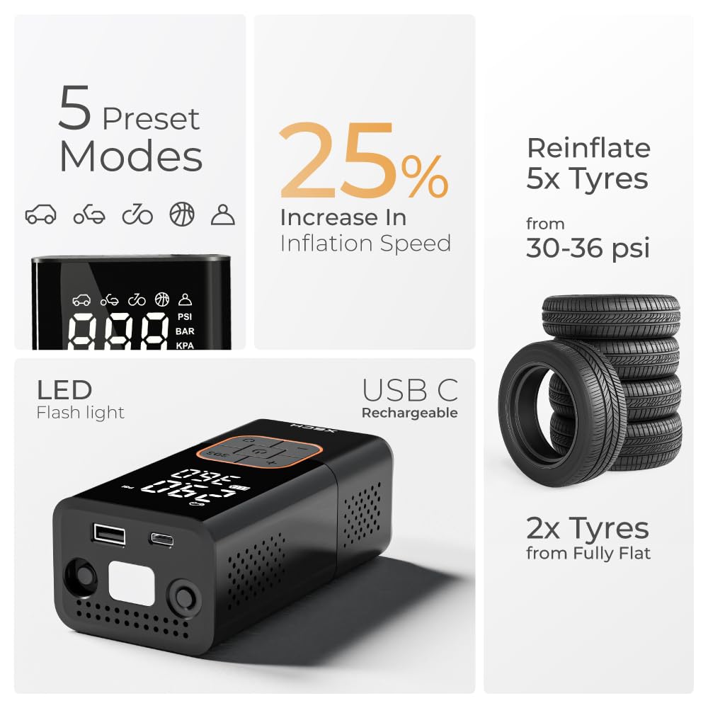 XECH Inflate Cordless Tyre Inflator | 150 PSI Portable Digital Air Pump for Car, Bike, Cycle & Sports Balls | Rechargeable Mini Air Compressor with Auto Shut-Off, LED Light
