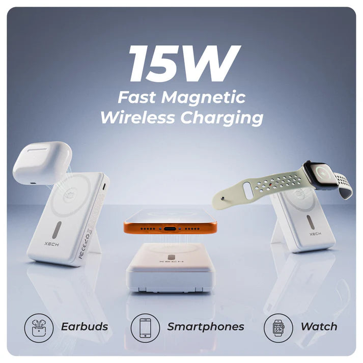 XECH X-Charge MAG PRO 10000mAh Magnetic Wireless Power Bank with 15W fast charging for earbuds, smartphones, and watches.