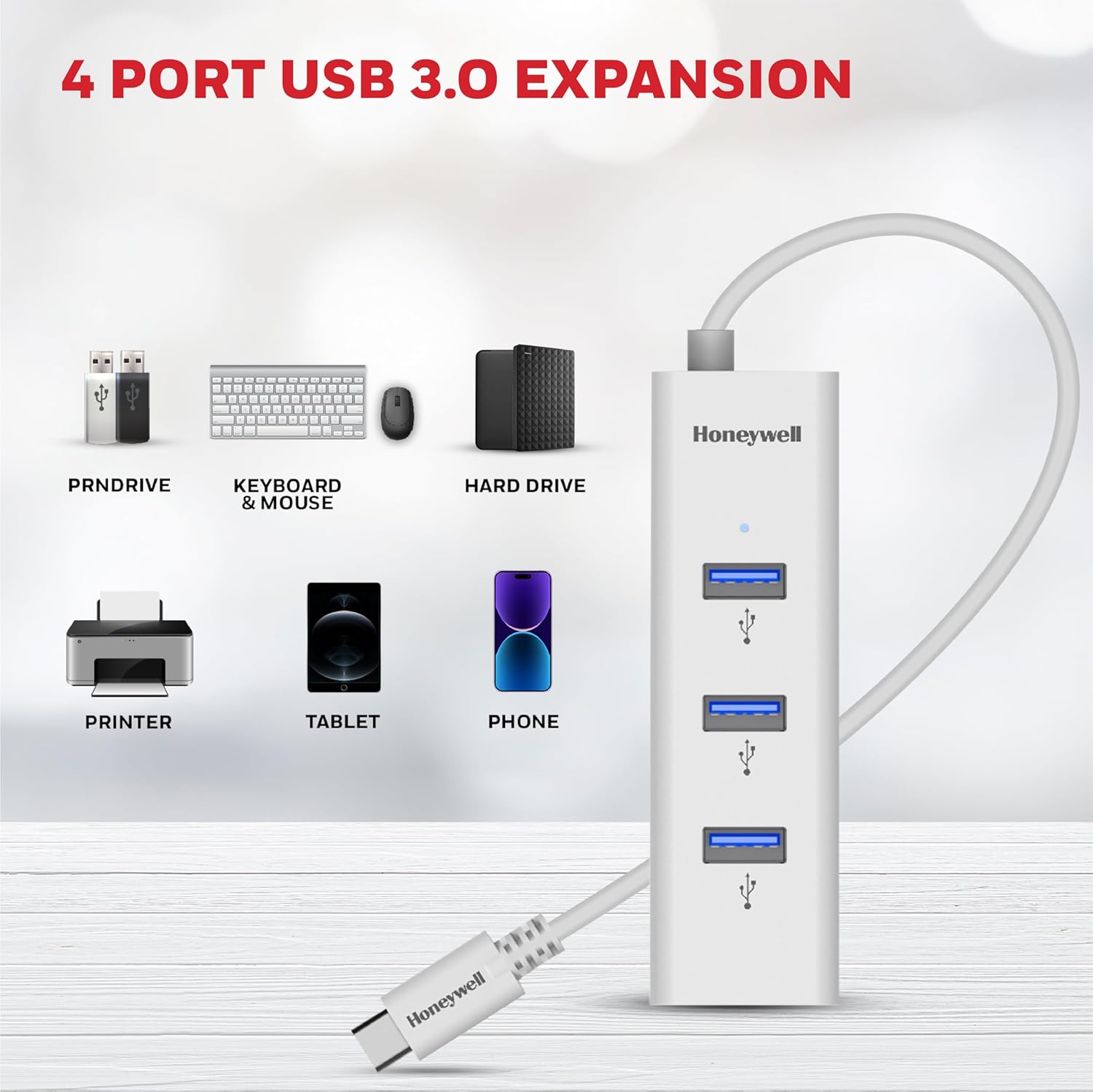 Honeywell Momentum Type C to 4xUSB 3.0 Hub, Super-Fast Transmission Speed 5GBPS, Max Current 900mA per Port, Universally Compatible with All Type C- MacBook, Laptop, PC, Printer, Mobiles, Keyboard