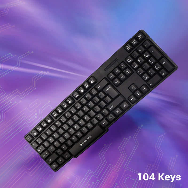 Zebronics Companion 115 Keyboard Combo featuring 104 keys and sleek design against a colorful background.