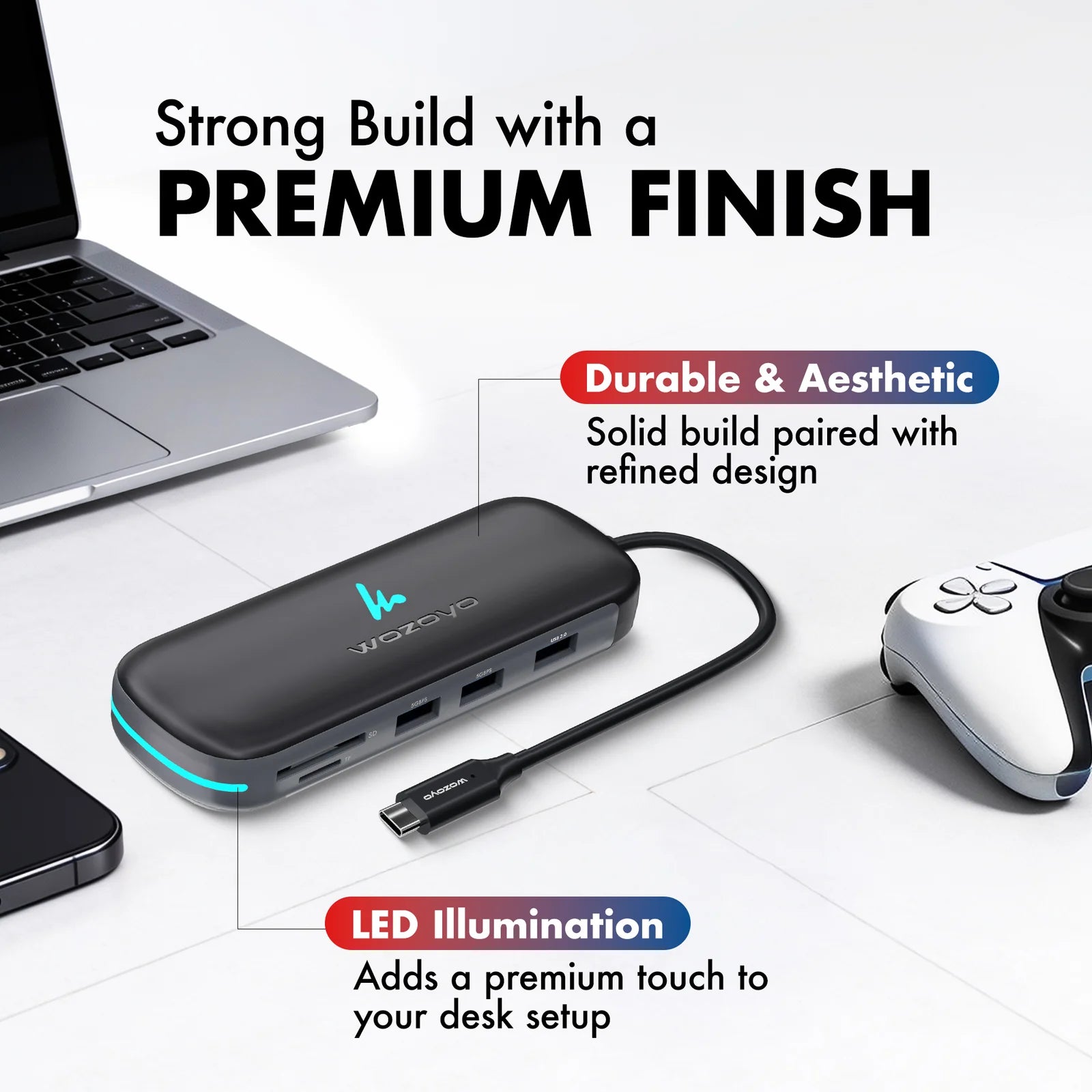 WOZOYO 9-in-1 USB Type-C Docking Station showcasing strong build, premium finish, and LED illumination for stylish desk setup.