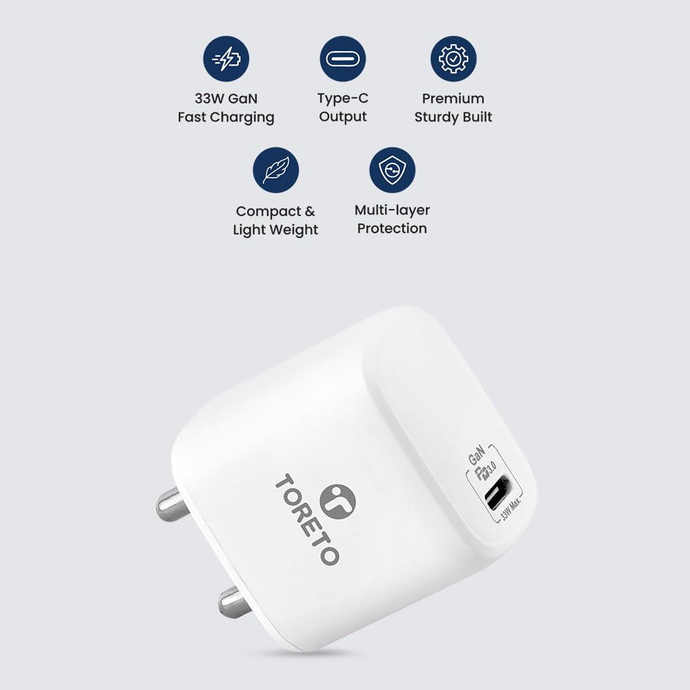 Toreto 33W GaN Mobile Charger Mackbook Air Charger with 2M Type C to C PD Fast Charging Cable |Multi-Protocol Fast Chager | Multi-Layer Protection | Travel Charging Adapter | Multi Protocol Support