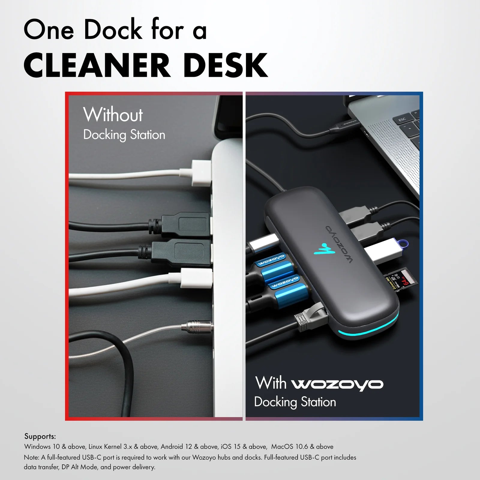 Comparison of desk organization with and without WOZOYO 9-in-1 USB Type-C Docking Station for a cleaner workspace.