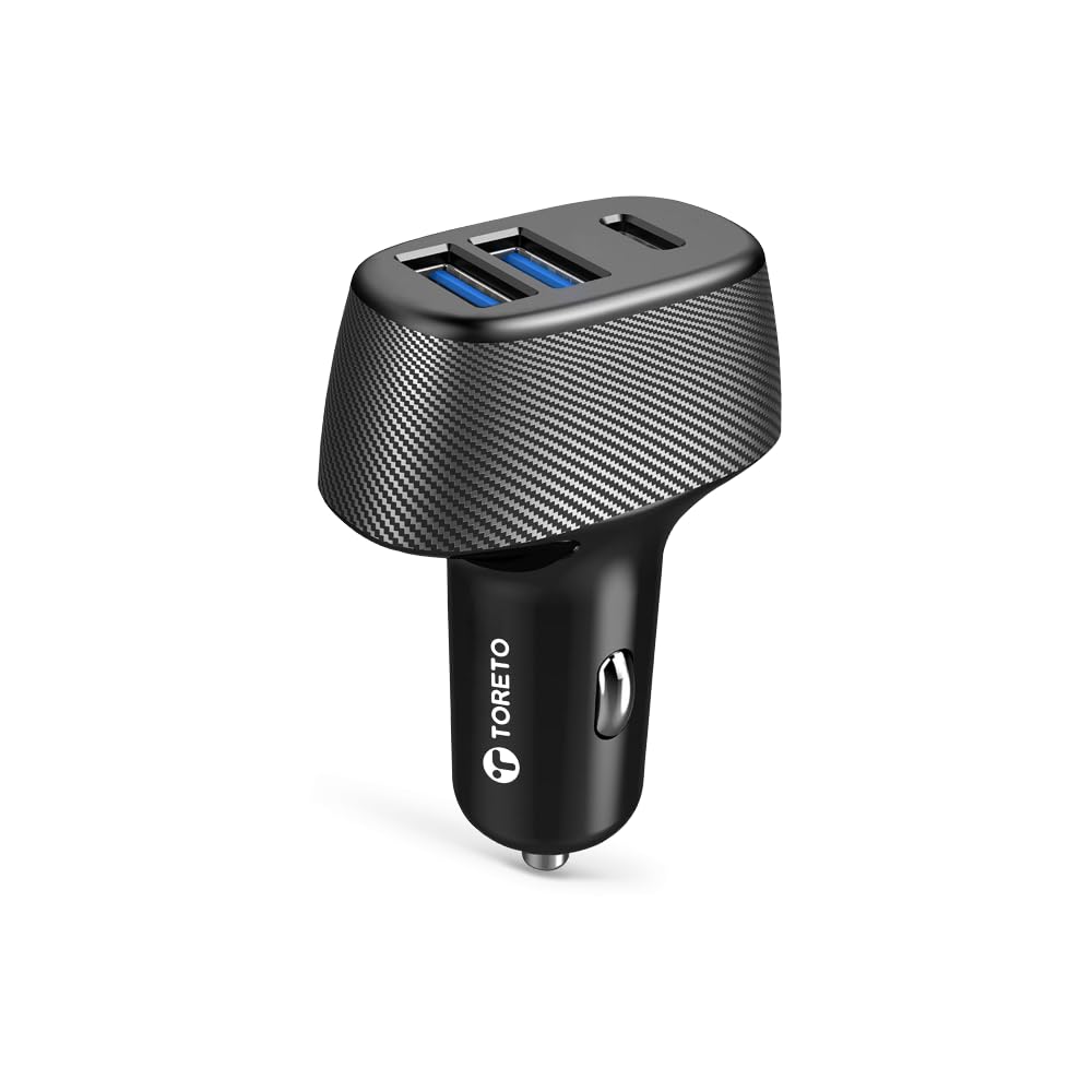 Toreto Turbo Rapid 61w fast Car Charger with Triple Output (25W PD Type-c + Dual 18W USB QC 3.0) Fast Charging | Compatible with Smartphones- iPad- USB to Type-C Cable inside