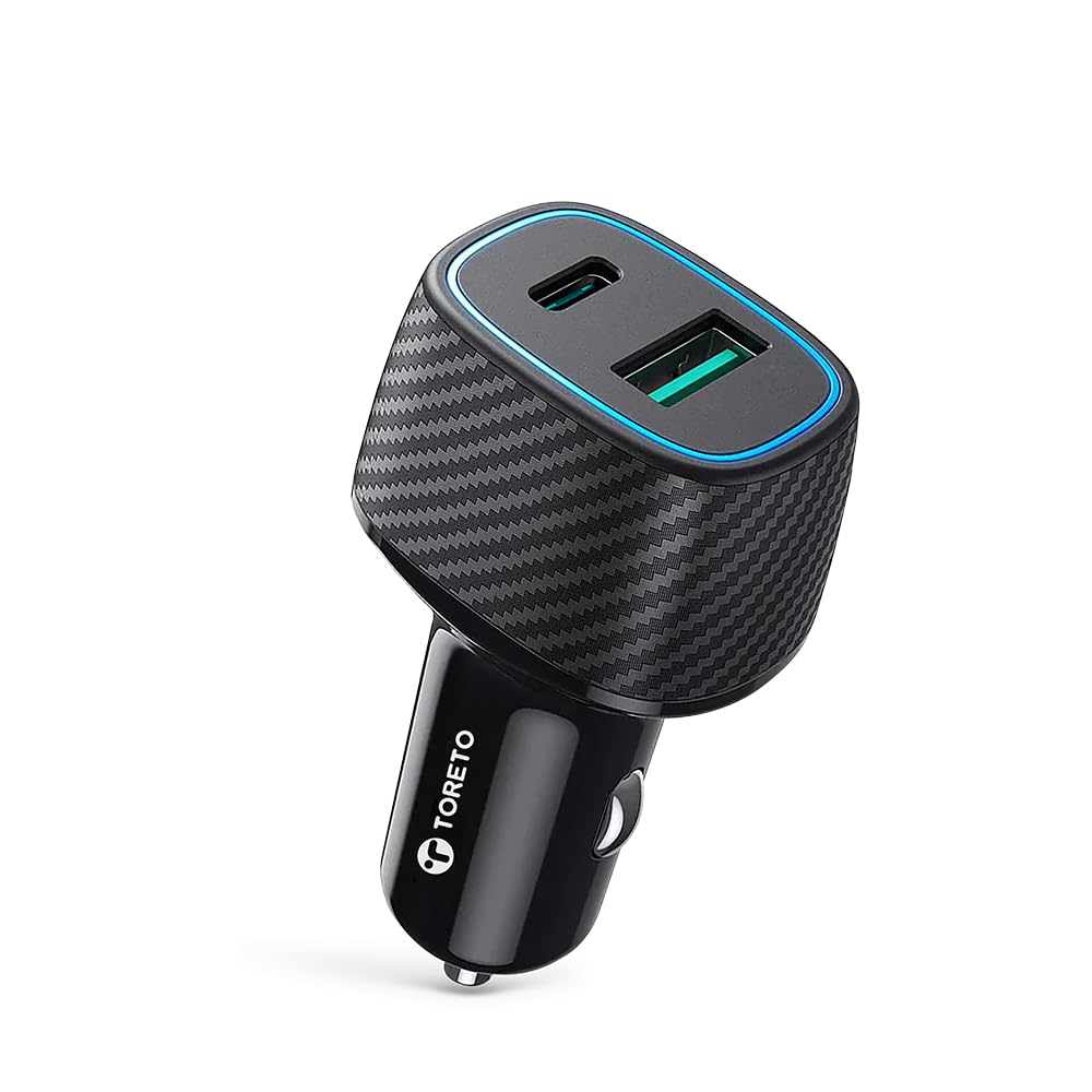 Toreto Turbo Pro 69w Car Charger with Dual Output | Fast Charging | Compatible with All Smartphones- iPad- Tablets- Laptop | 69W with Type-C to C Fast Charging Cable Black