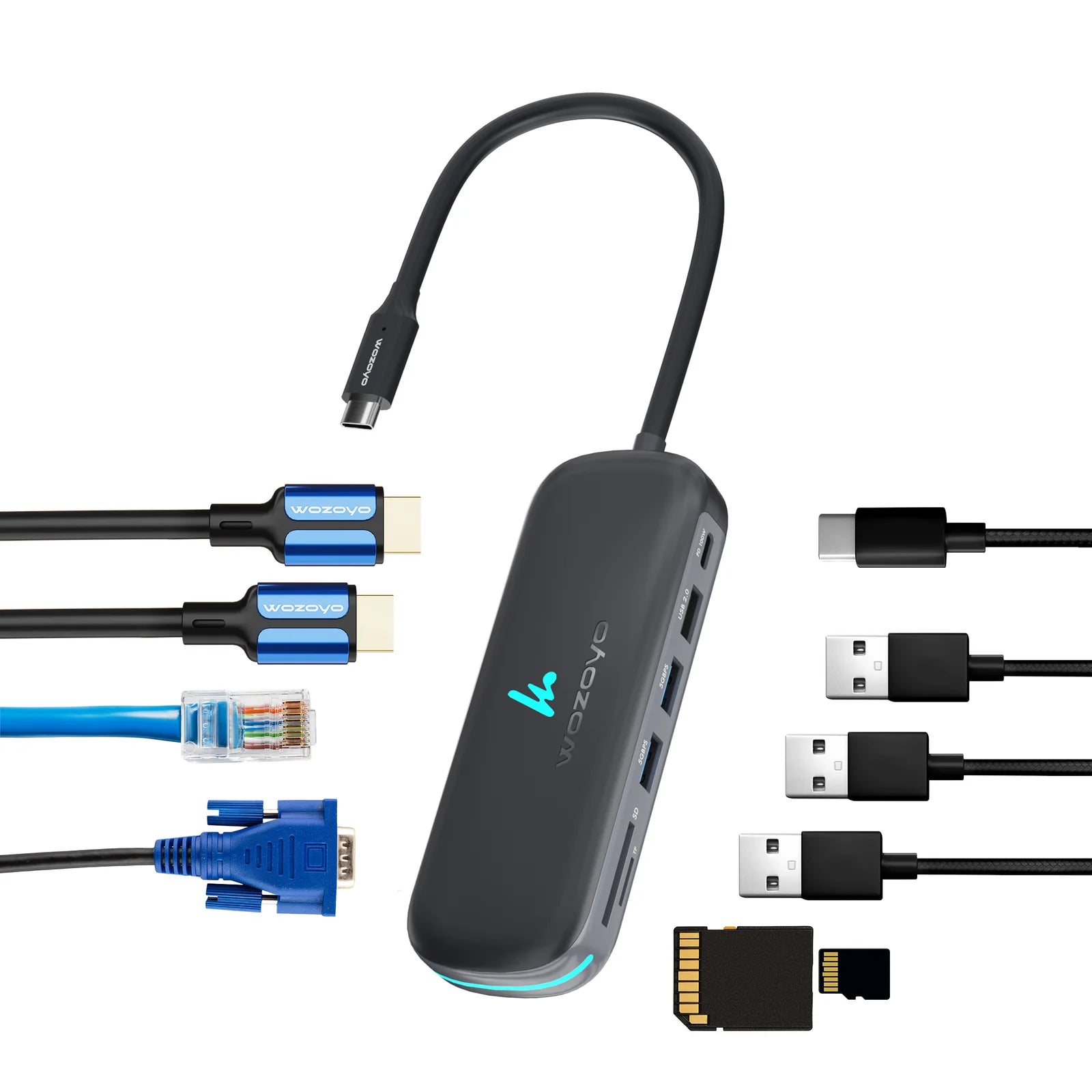 WOZOYO 10-in-1 USB Type-C Docking Station with multiple connectivity ports and cables.