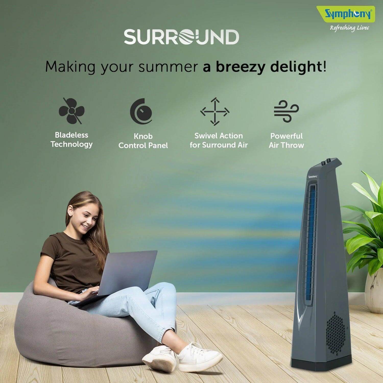 Symphony Surround High Speed Bladeless Technology Tower Fan for Home With Swivel Action- Dust Filter- and Low Power Consumption