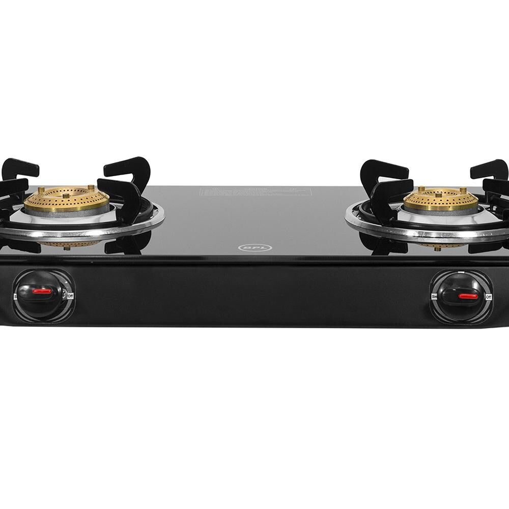 BPL Glass Top 2-Burner Gas Stove with Toughened Glass Top, Brass Burner & Valve, Nylon Base Knobs, 2 Years Warranty