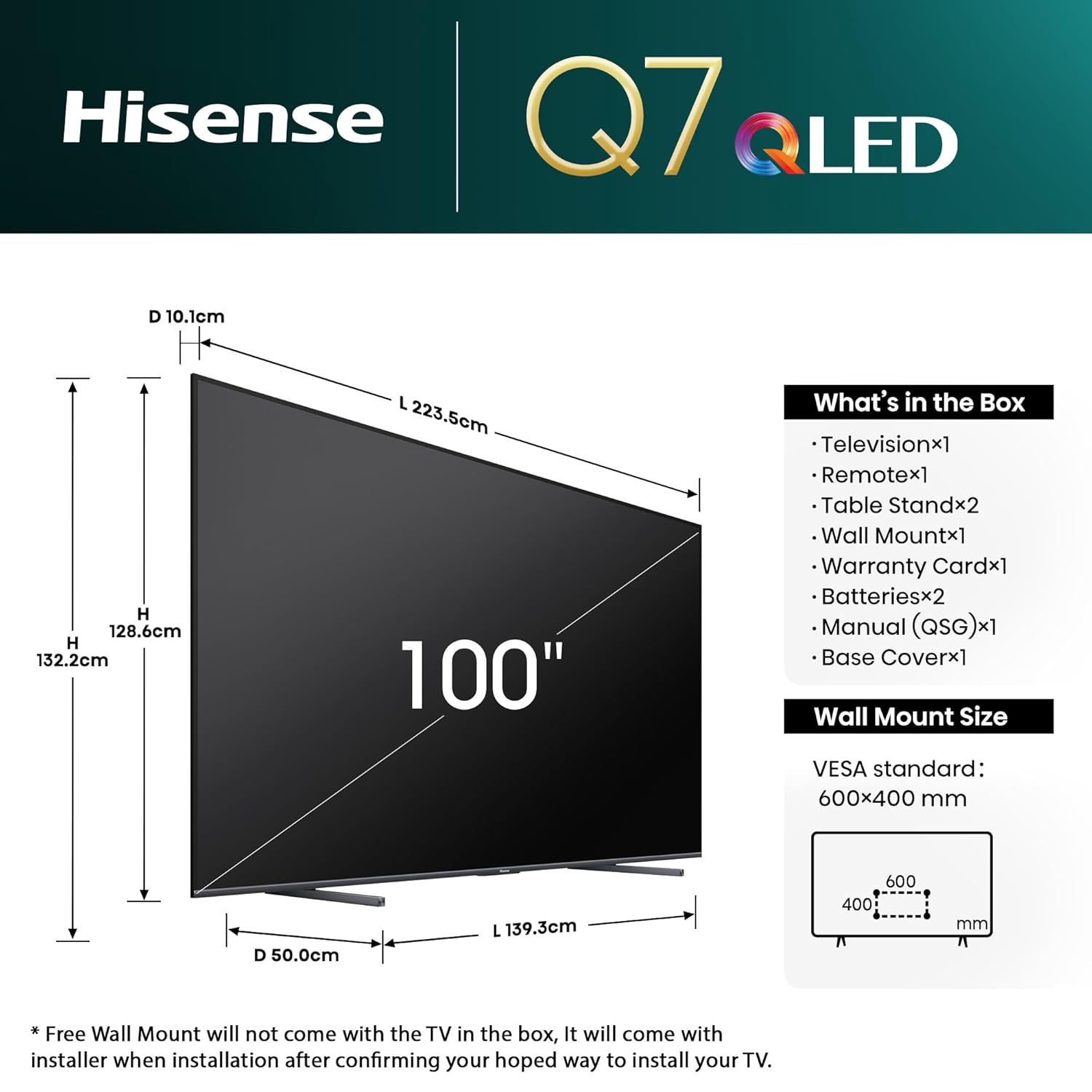 Hisense 254 cm (100 inches) Q7N Series 4K Ultra HD Smart QLED TV 100Q7N (Dark Grey) With 3 Year Warranty