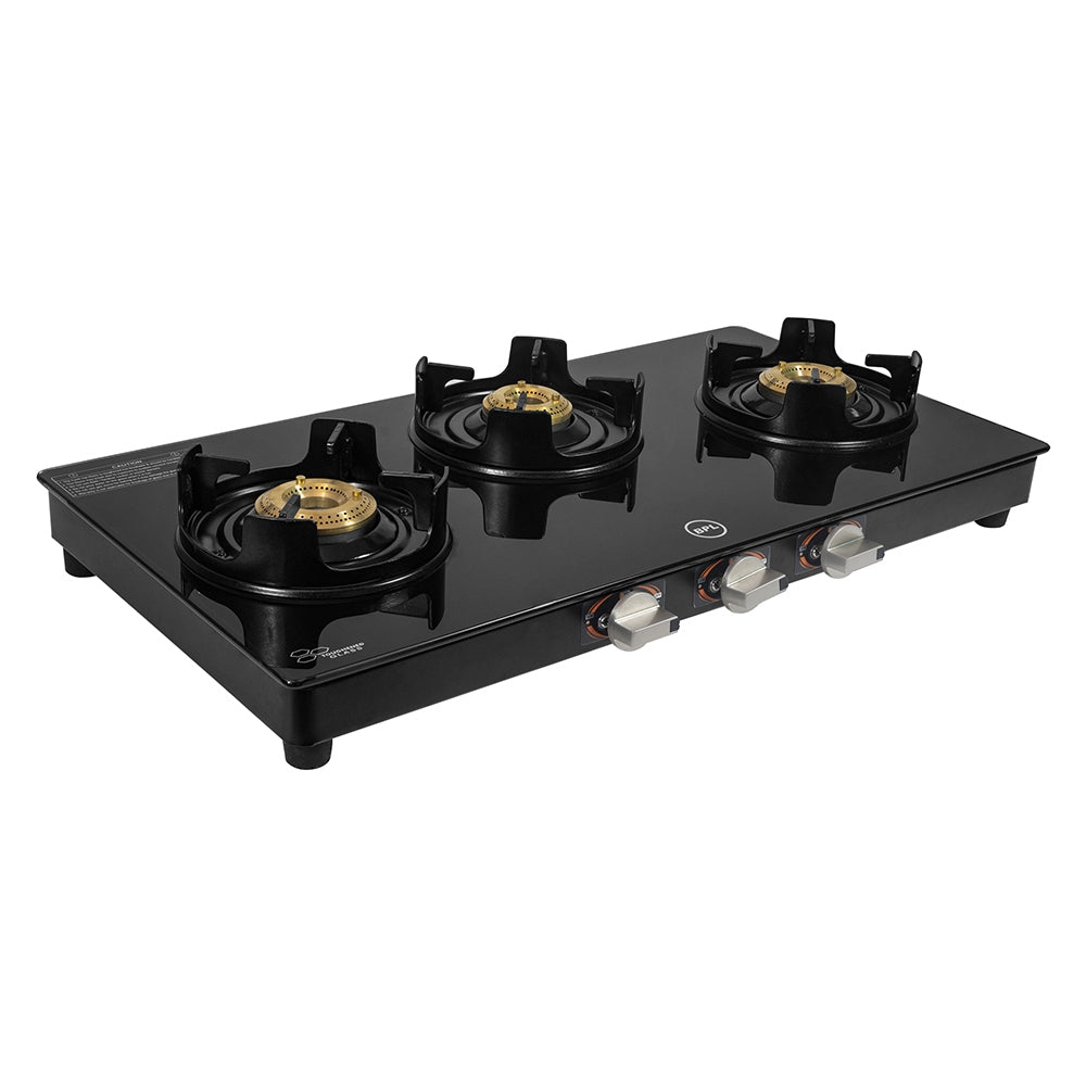 BPL BGSGTS0053B Slim Glass Top 3-Burner Gas Stove, Metal Knobs