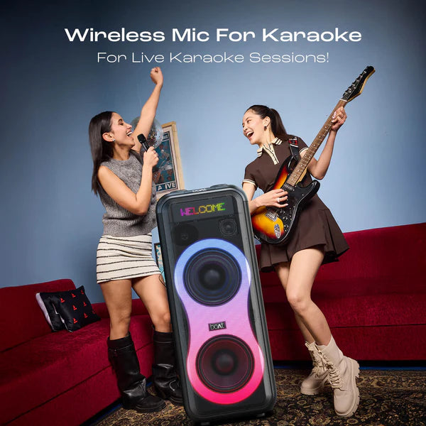 boAt New Launch PartyPal 600 Party Speaker- 220W Signature Sound- Dynamic Pixels- Animated Text Display- App Support- UHF Wireless Microphone- Colorful LEDs-7hrs Battery & Guitar Input(Premium Black)