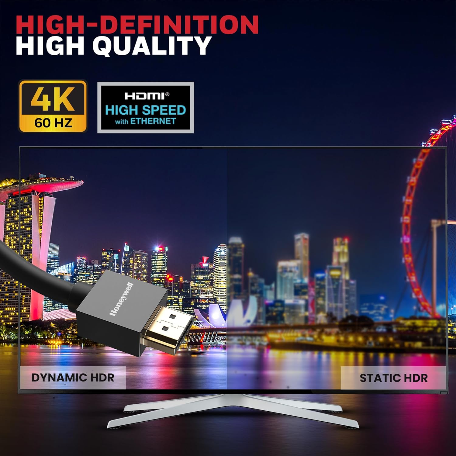 Honeywell HDMI Cable v2.0 with Ethernet, 3D/4K@60Hz Ultra HD Resolution, 18 GBPS Transmission Speed, High-Speed, Compatible with all HDMI Devices Laptop Desktop TV Set-top Box Gaming Console (Black)