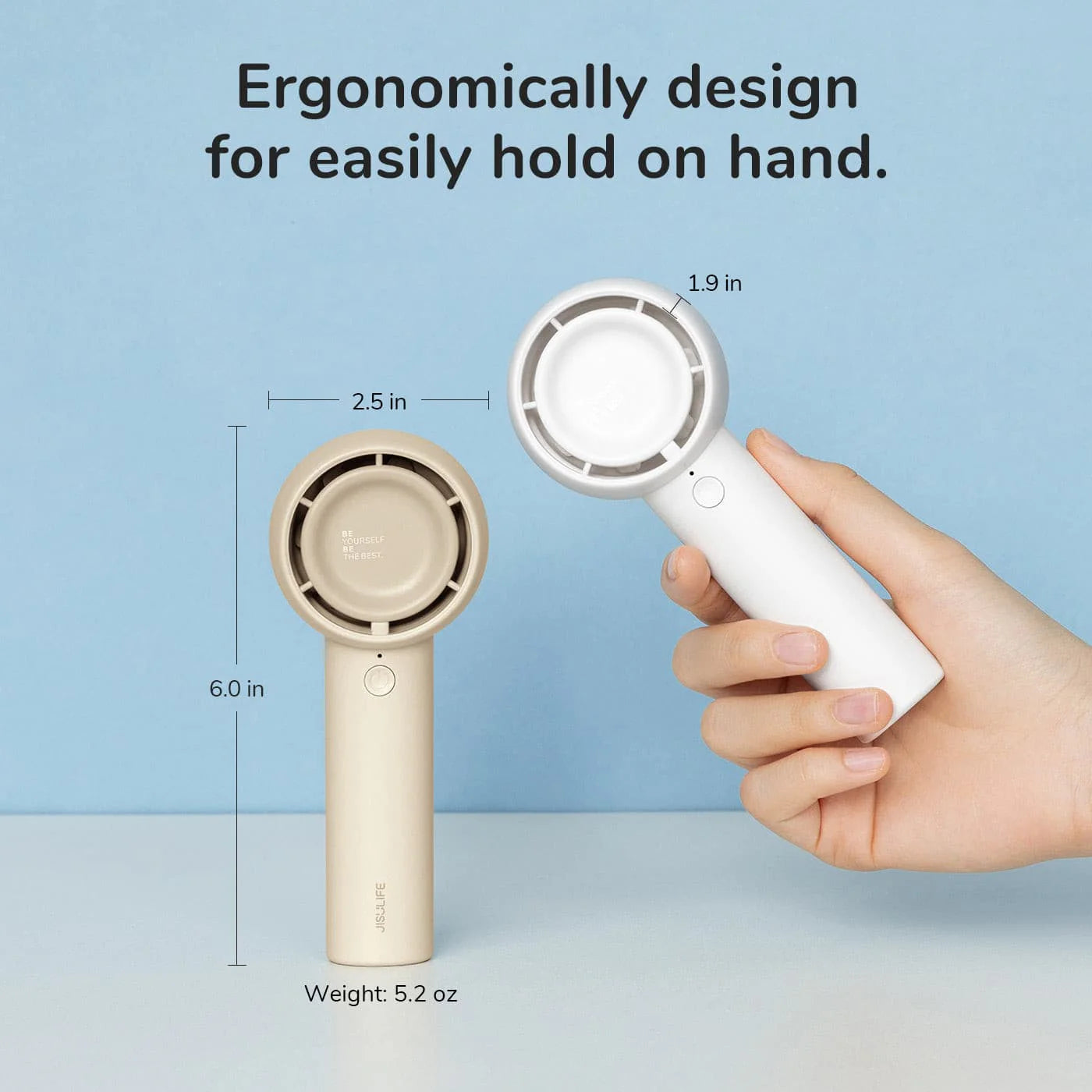 JISULIFE Handheld Fan Life5 L Brown ergonomic design handheld mini fan, 4500mAh rechargeable portable cooling fan