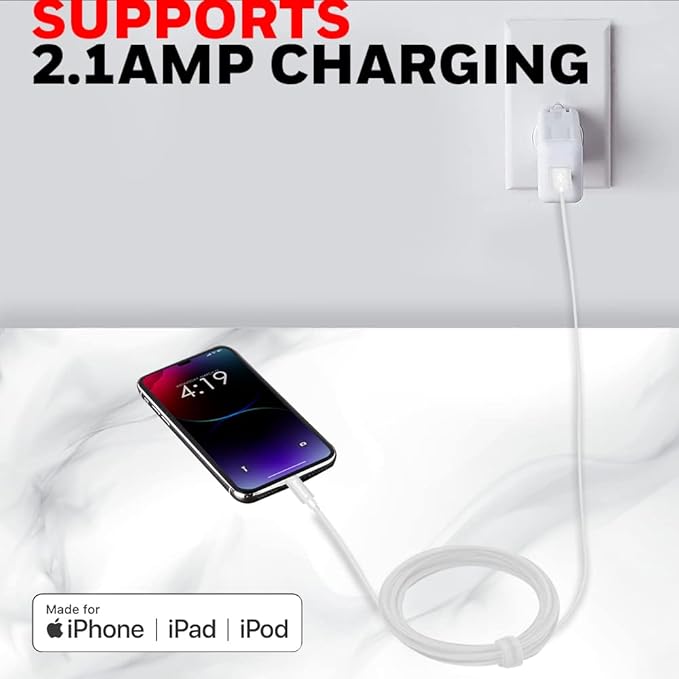 Honeywell USB to Lightning cable  MFI-certified lighting connector  Fast Charging  Non-Braided sync and charge cable for iPhone  iPad  Airpods  iPod  4 Feet (1.2M)- White