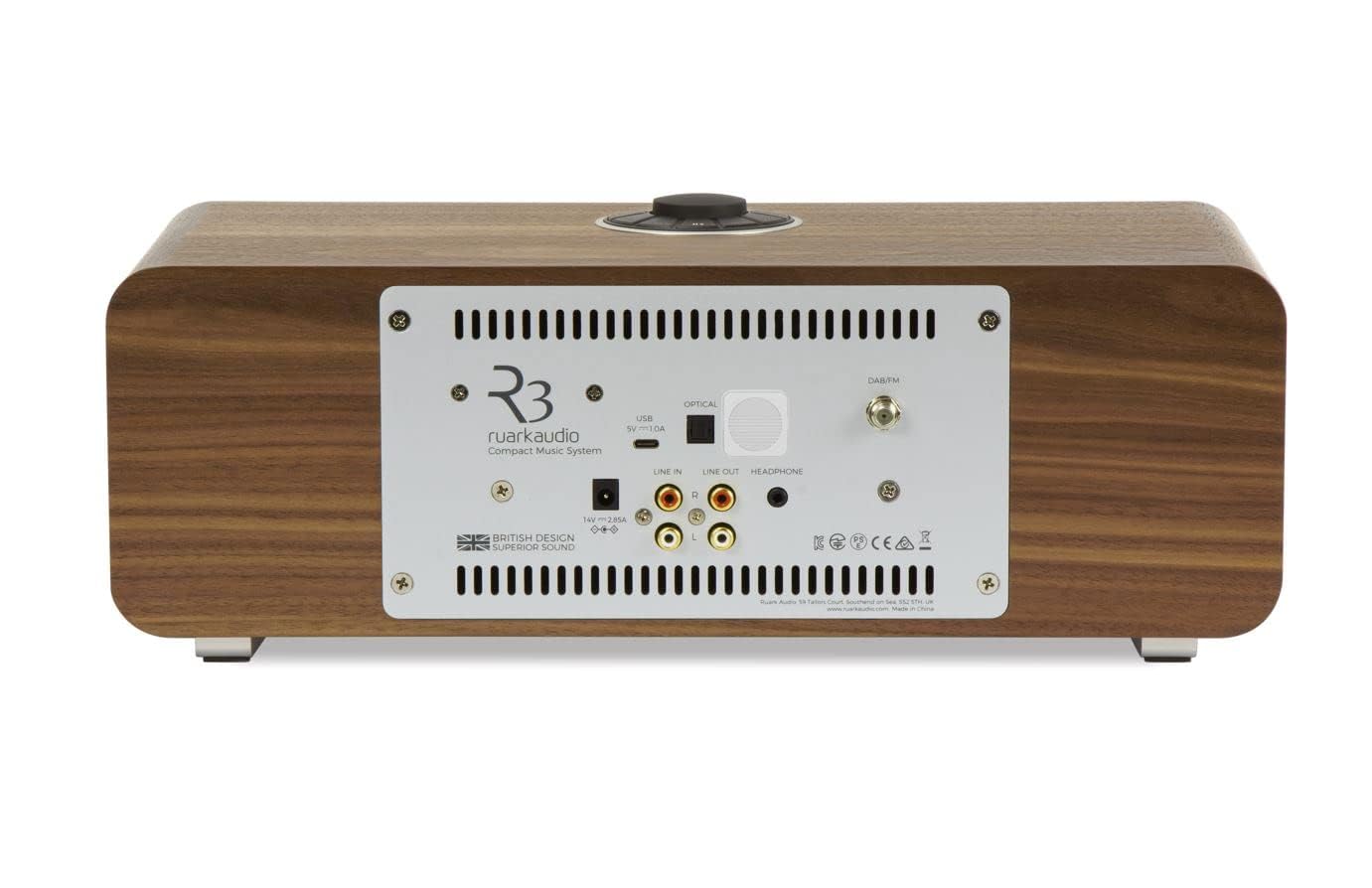 #Color_ Rich Walnut veneer with
  lead grey fabric grille