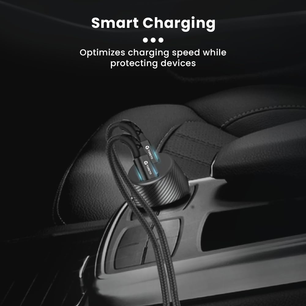 Toreto Turbo NEO 40 Watt Super Fast Car Charger with Dual PD 3.0 Output- Compatible with iPhones Series-Tablets-Earbuds All Type C Smartphones and Devices (Black)