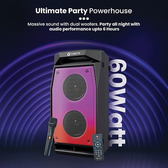 Toreto Evolve Pro Portable Sound Box with Wireless Karaoke Mic - RGB Light - Aux - USB 60 W Bluetooth Party Speaker  (Black- 2.0 Channel)