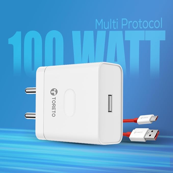 Toreto Zest GO 100W Super Vooc Fast Charging Adaptor Mobile Charger for Android Smartphone and All C-Type-C Devices USB to Type C Fast Charging Cable Included (White)