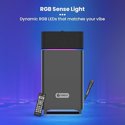 Toreto Party Mini Powerful 70W RMS Home Theater Bluetooth Party Box Party/Home Audio Speaker with High Power Bass- Wired Karaoke Mic- AUX- USB and Dynamic RGB LED